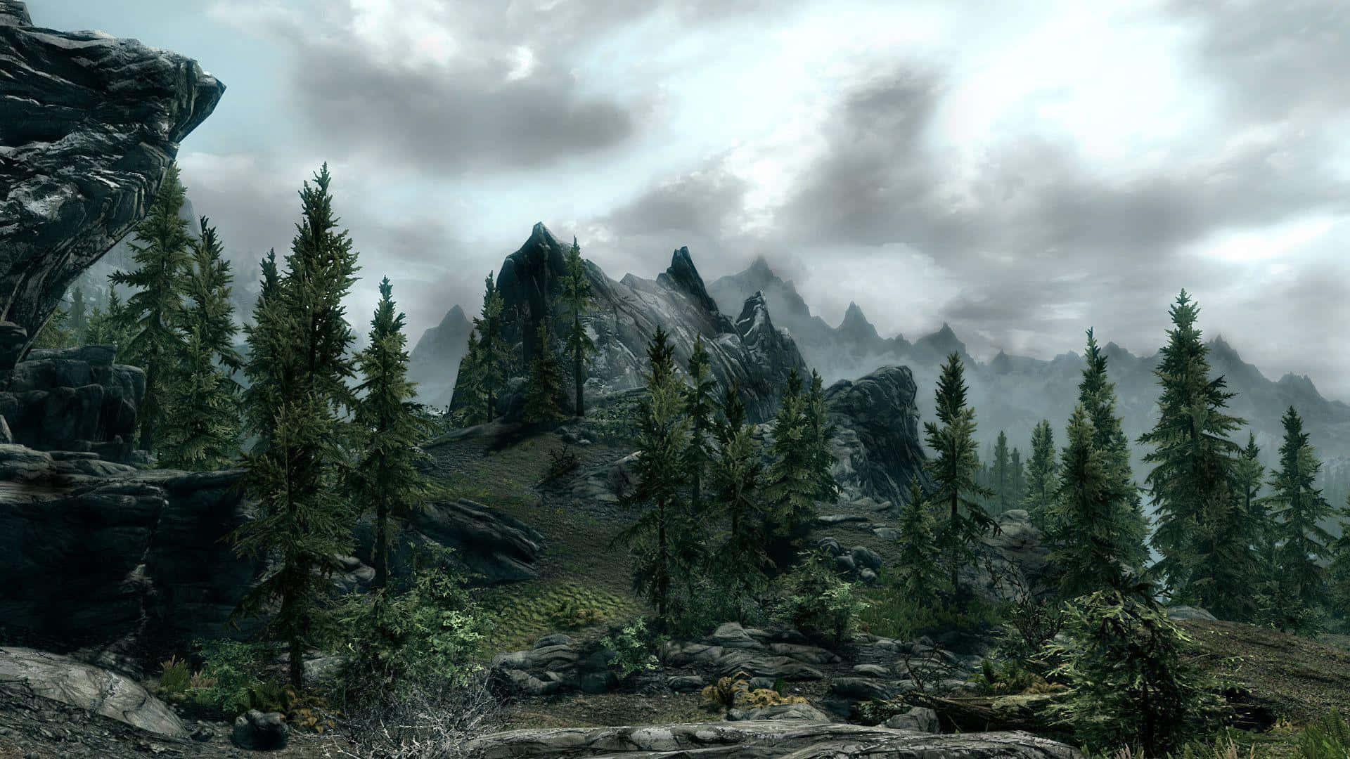 Skyrim, Twilight, misty mountain landscape, Full HD Desktop Wallpaper