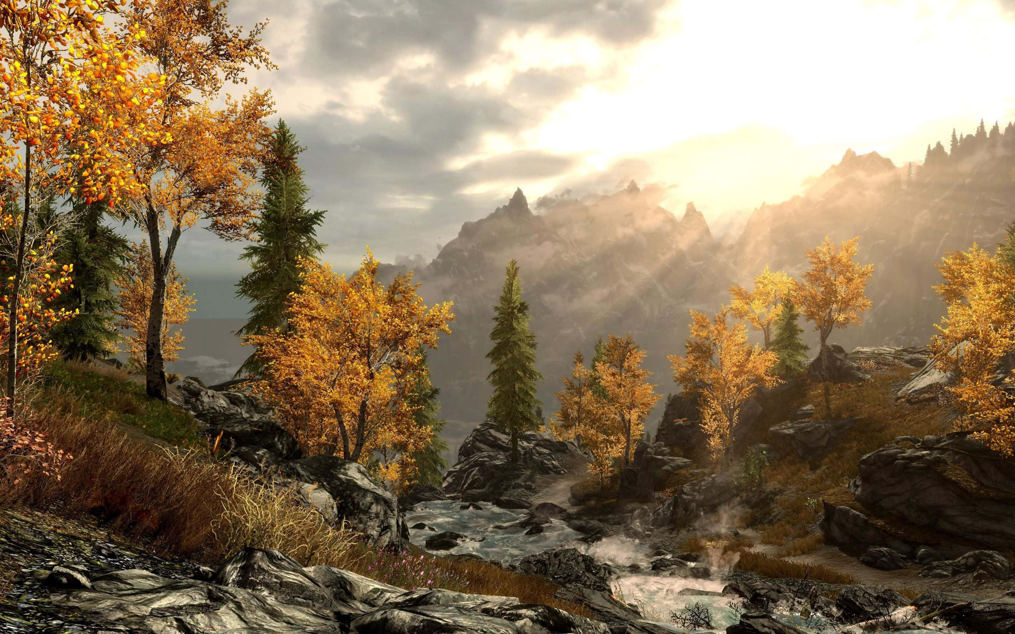 Skyrim Landscape, Bright Sunset Mountain, golden autumn trees, 4K Desktop Wallpaper