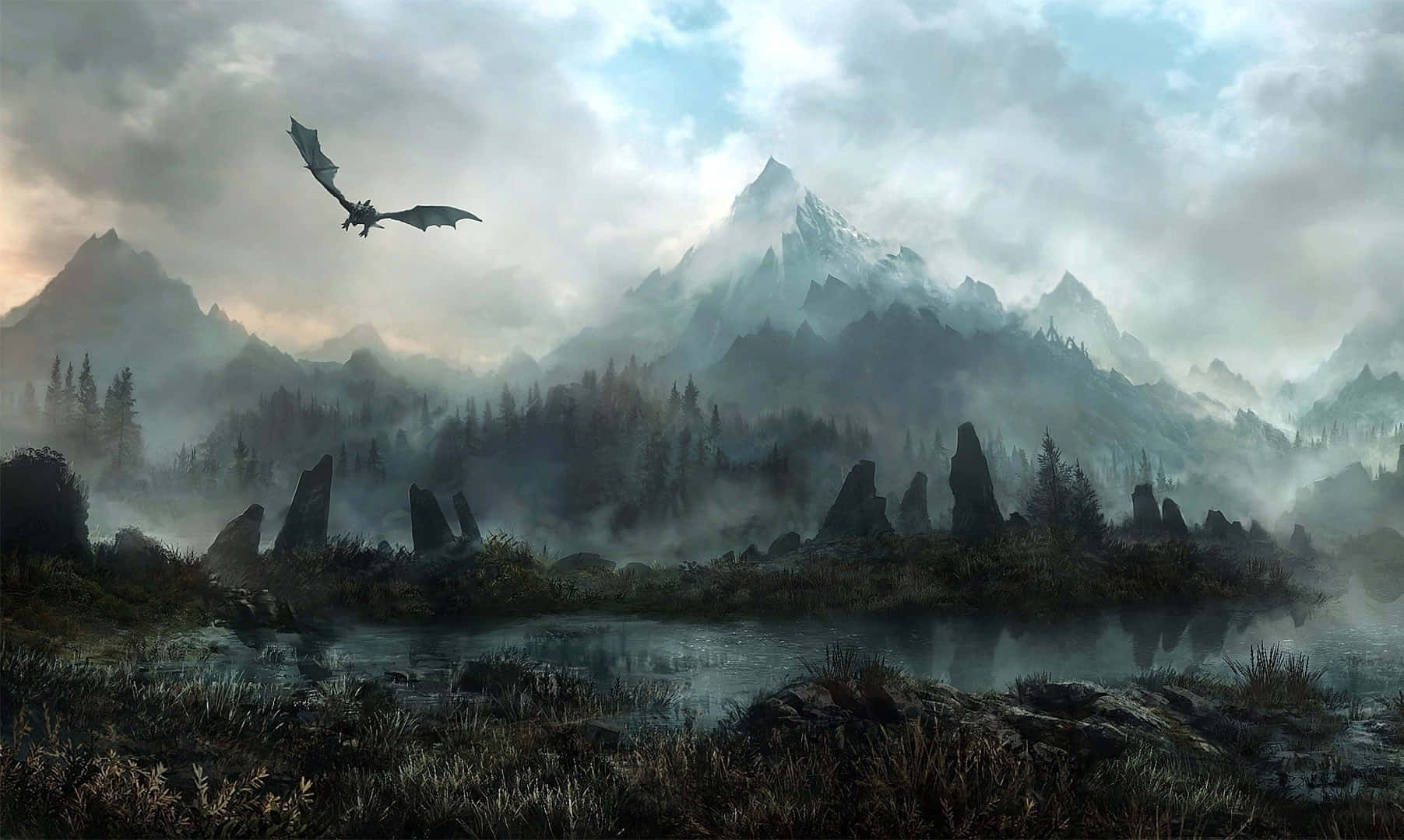 Skyrim, dragon, misty mountain valley, HD Desktop Wallpaper