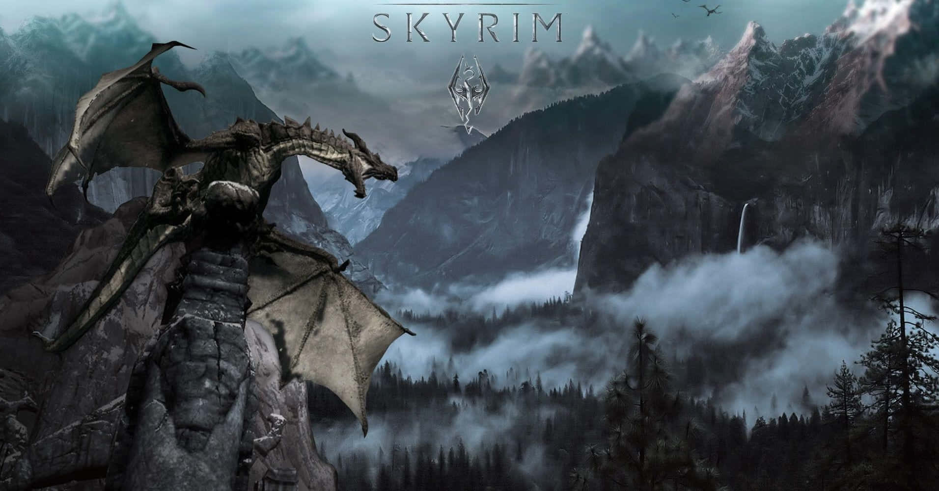 Skyrim Landscape, dusk, dragon, HD Desktop Wallpaper