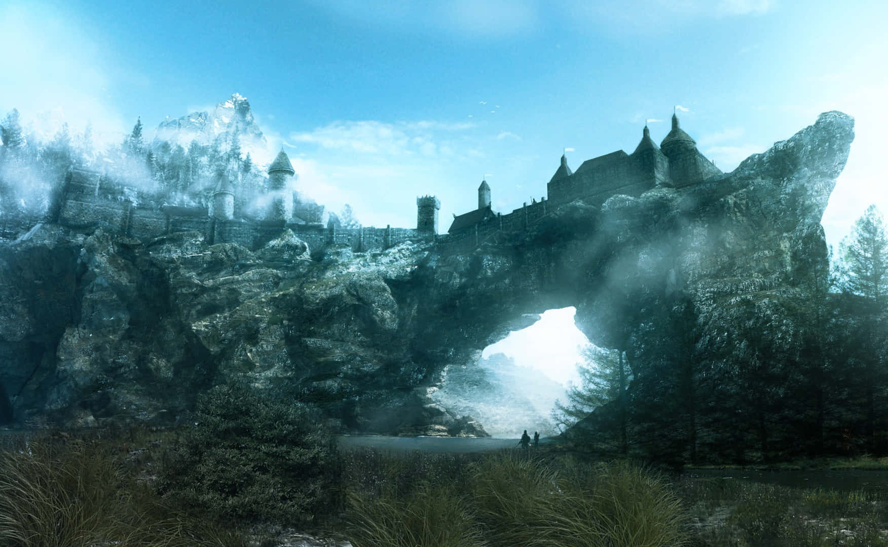 Skyrim Landscape, medieval castle, misty cliff, HD Desktop Wallpaper