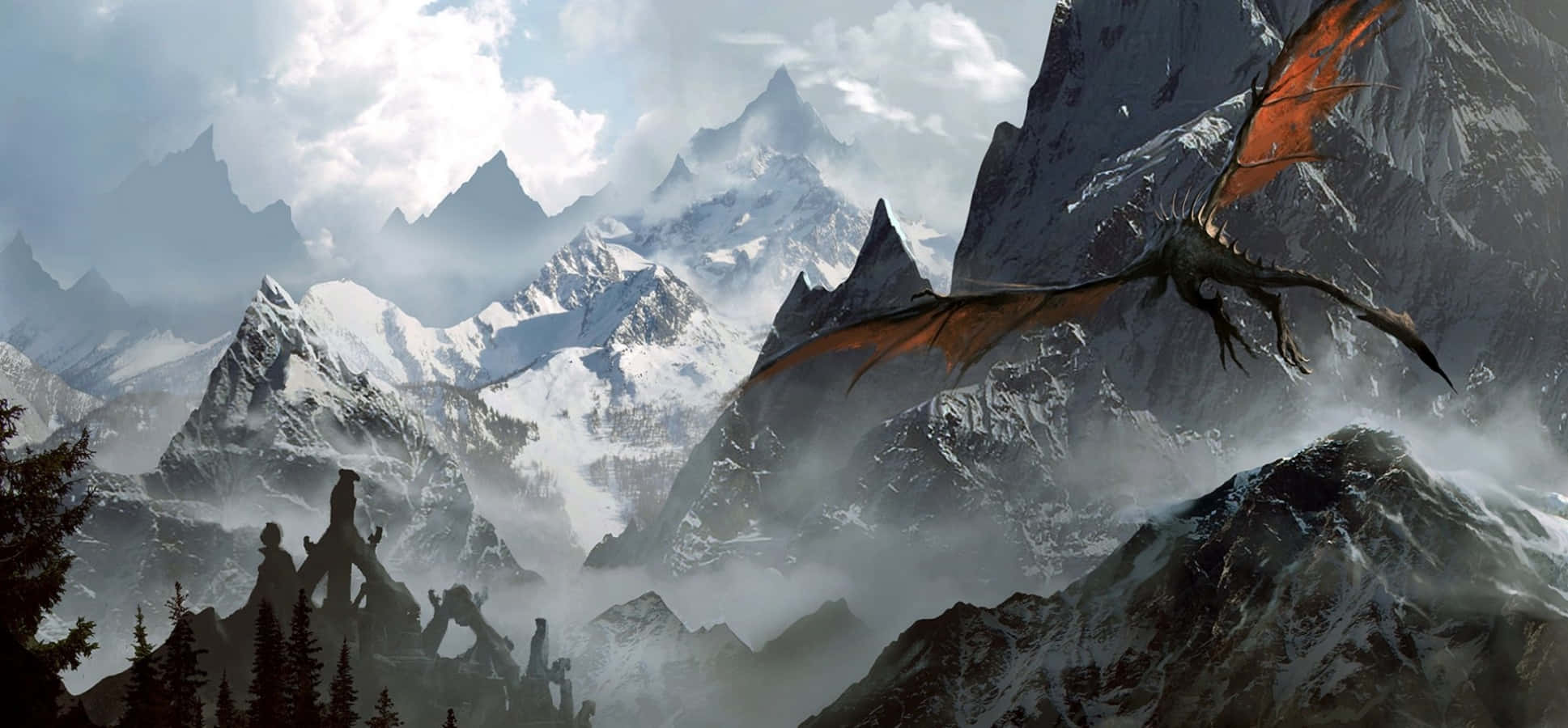 Skyrim Landscape, orange dragon, snowcapped mountain peaks, Full HD Desktop Wallpaper