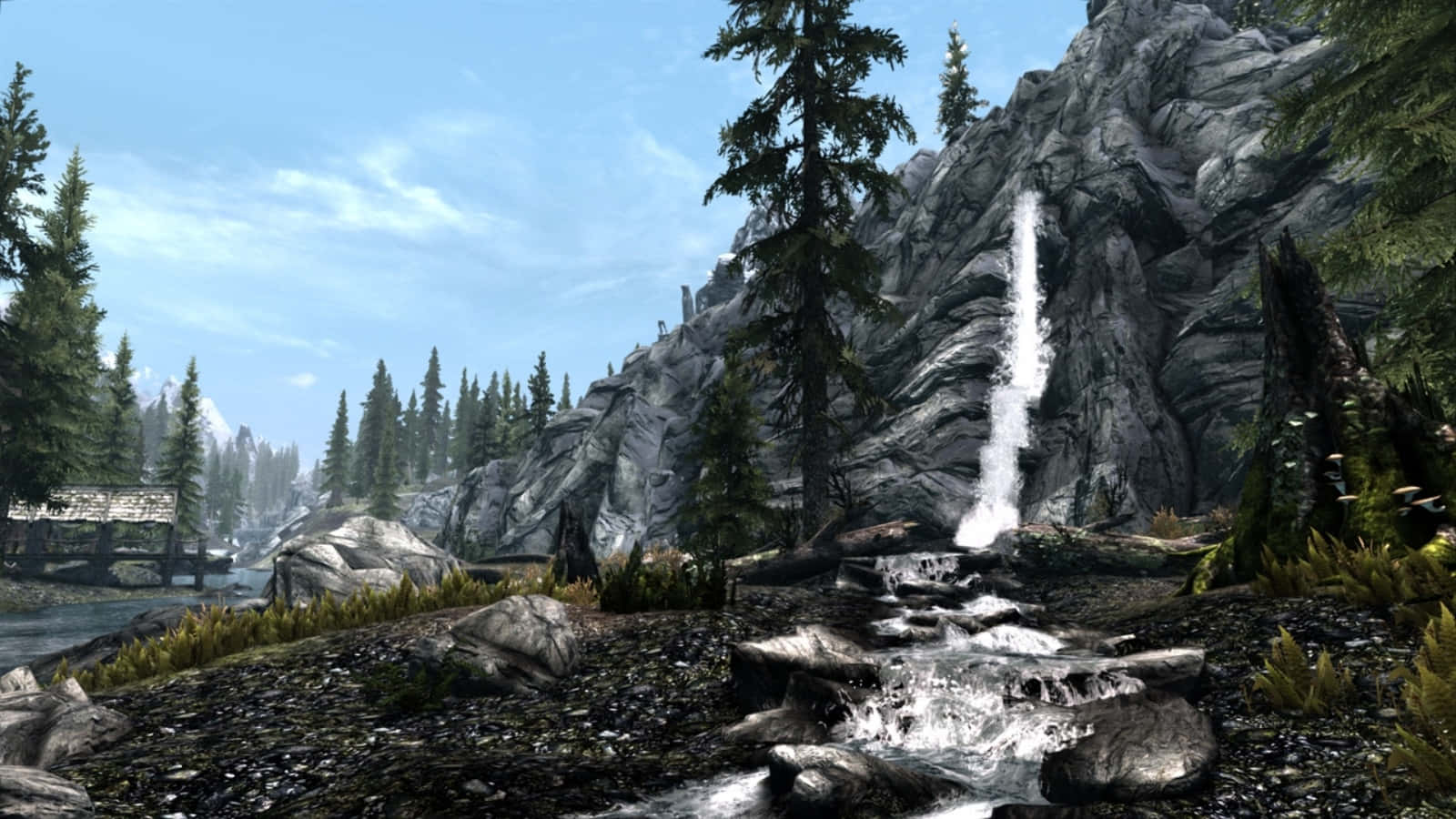 Skyrim Landscape, mountain waterfall, gray cliffs, HD Desktop Wallpaper