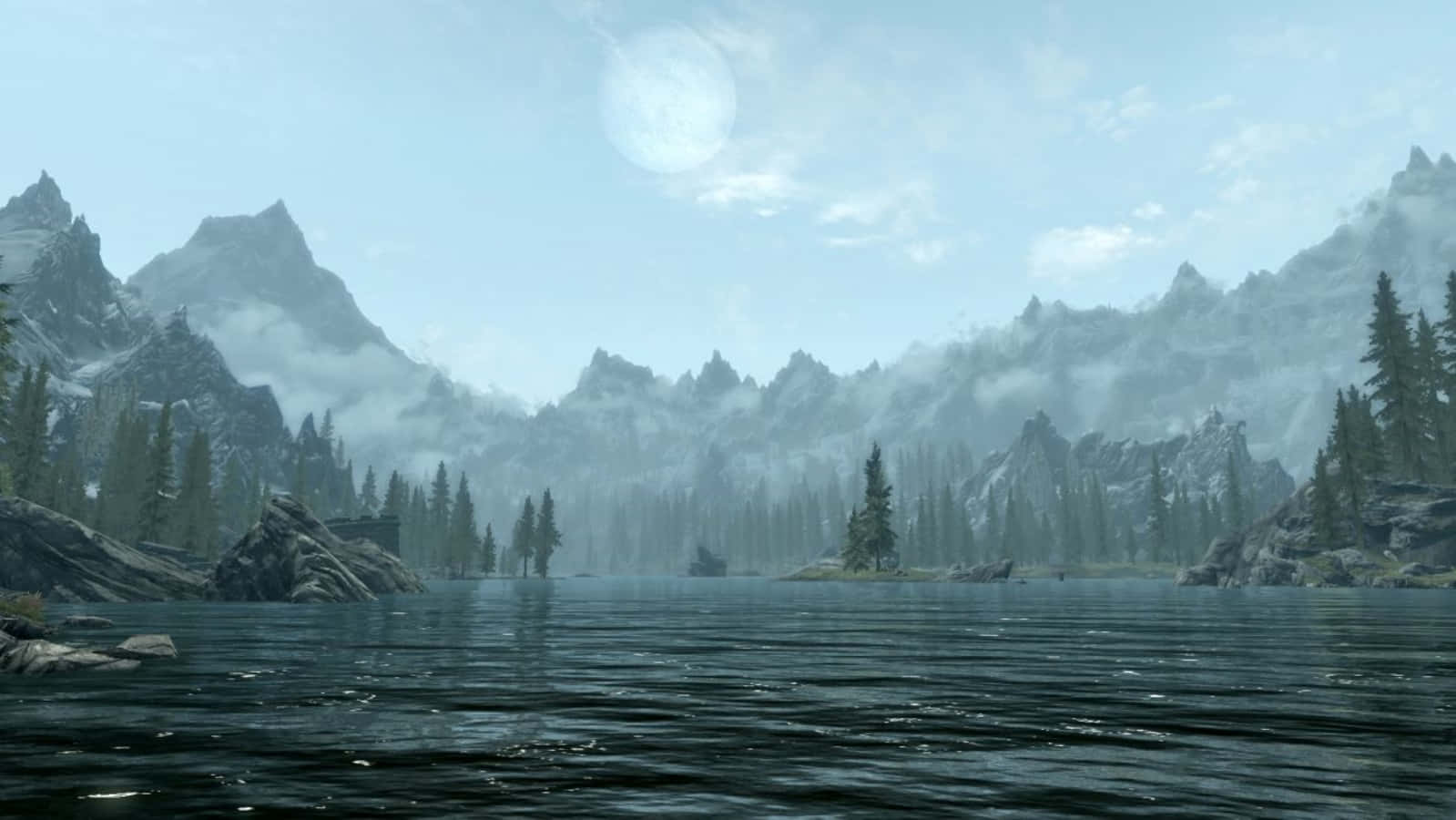 Skyrim Landscape, Sunset, mountain lake, HD Desktop Wallpaper