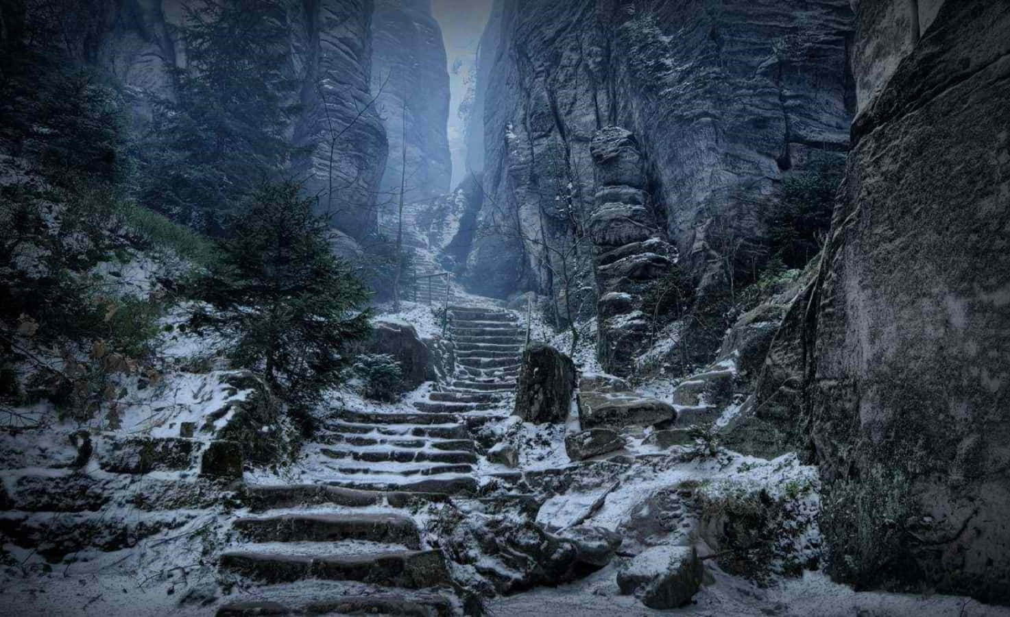 Skyrim Landscape, snow, ancient stone steps, HD Desktop Wallpaper
