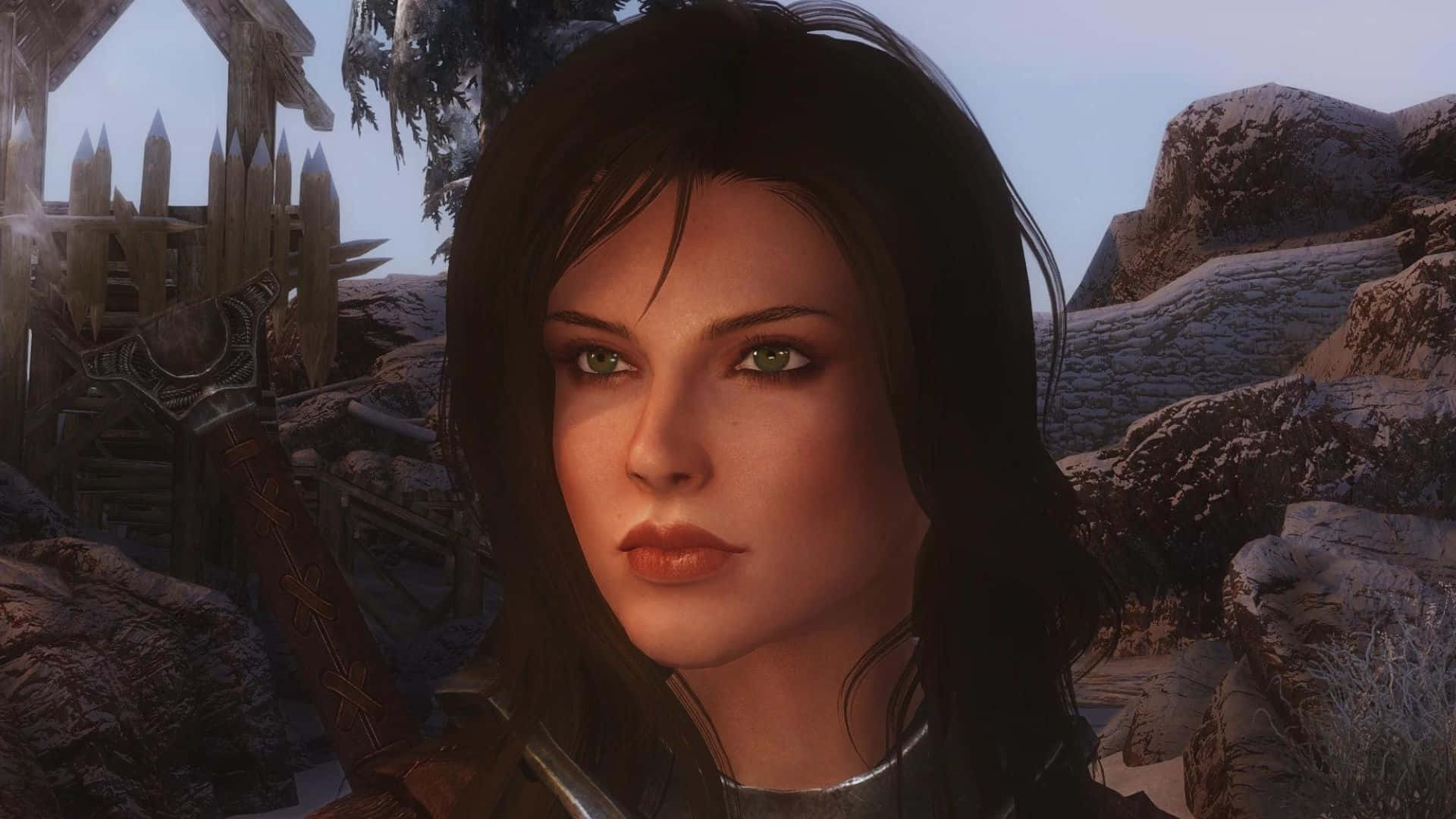 Skyrim Lydia, green eyes, dark hair, Full HD Desktop Wallpaper