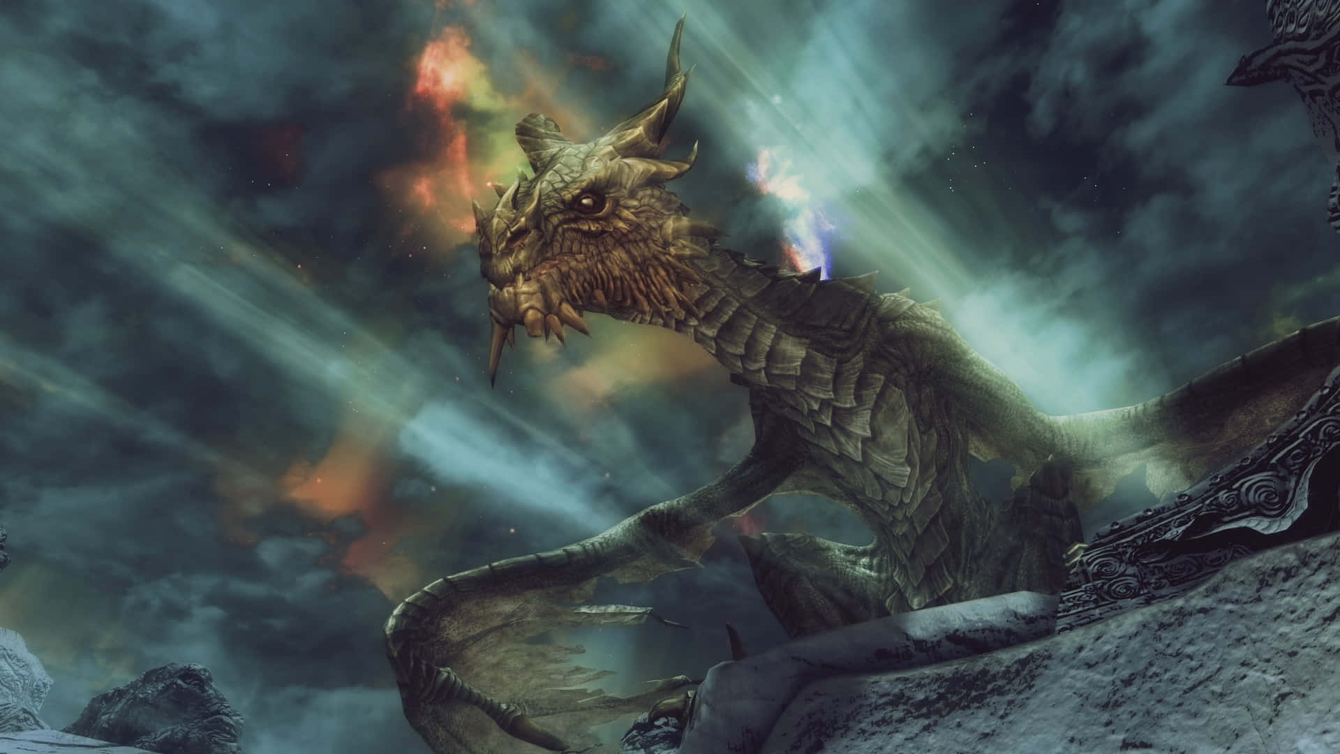 Paarthurnax, Skyrim, stormy sky, Full HD Desktop Wallpaper