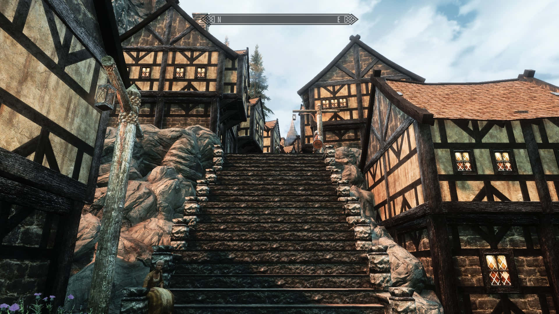 Skyrim, Solitude, stone staircase, Full HD Desktop Wallpaper