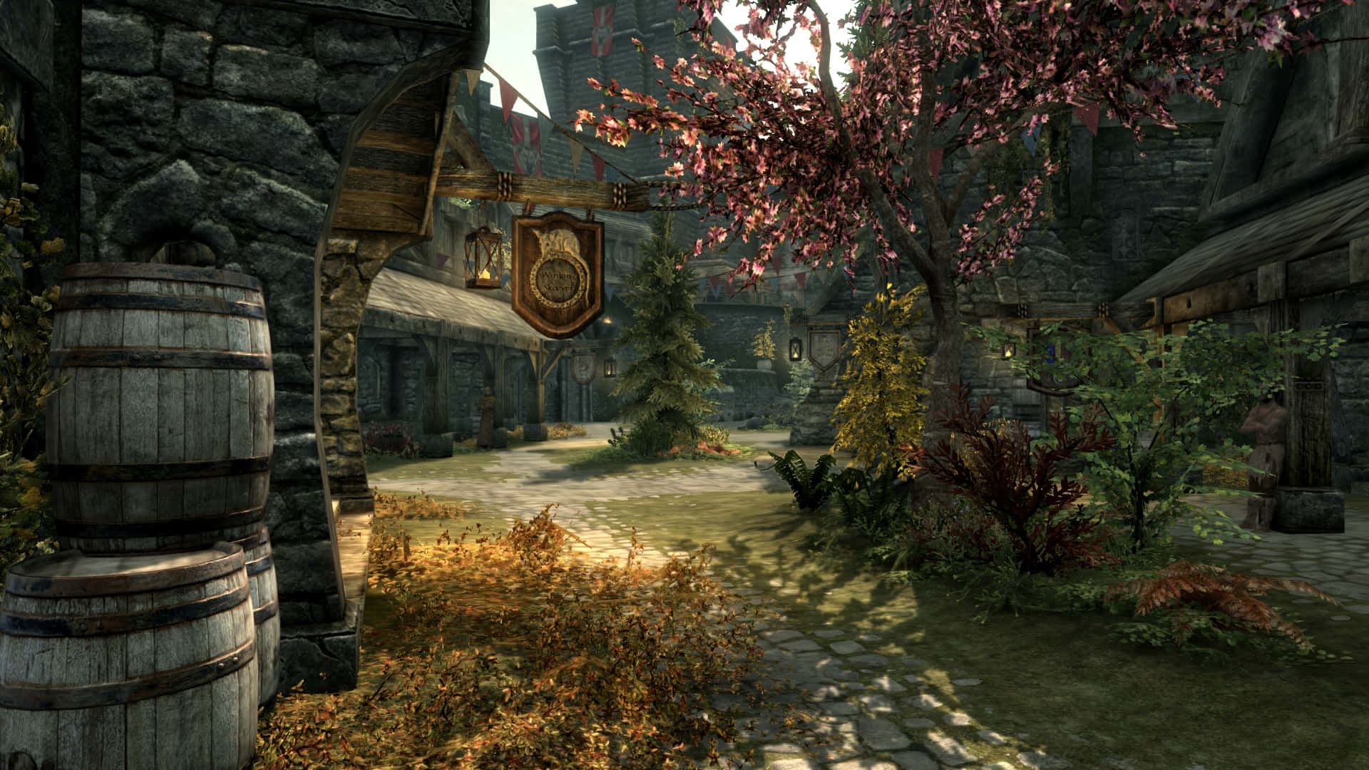 Solitude, Skyrim, cherry blossom tree, Full HD Desktop Wallpaper