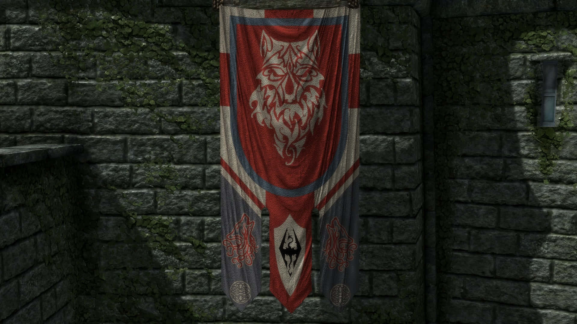 Skyrim Solitude, red and grey banner, white wolf head emblem, Full HD Desktop Wallpaper