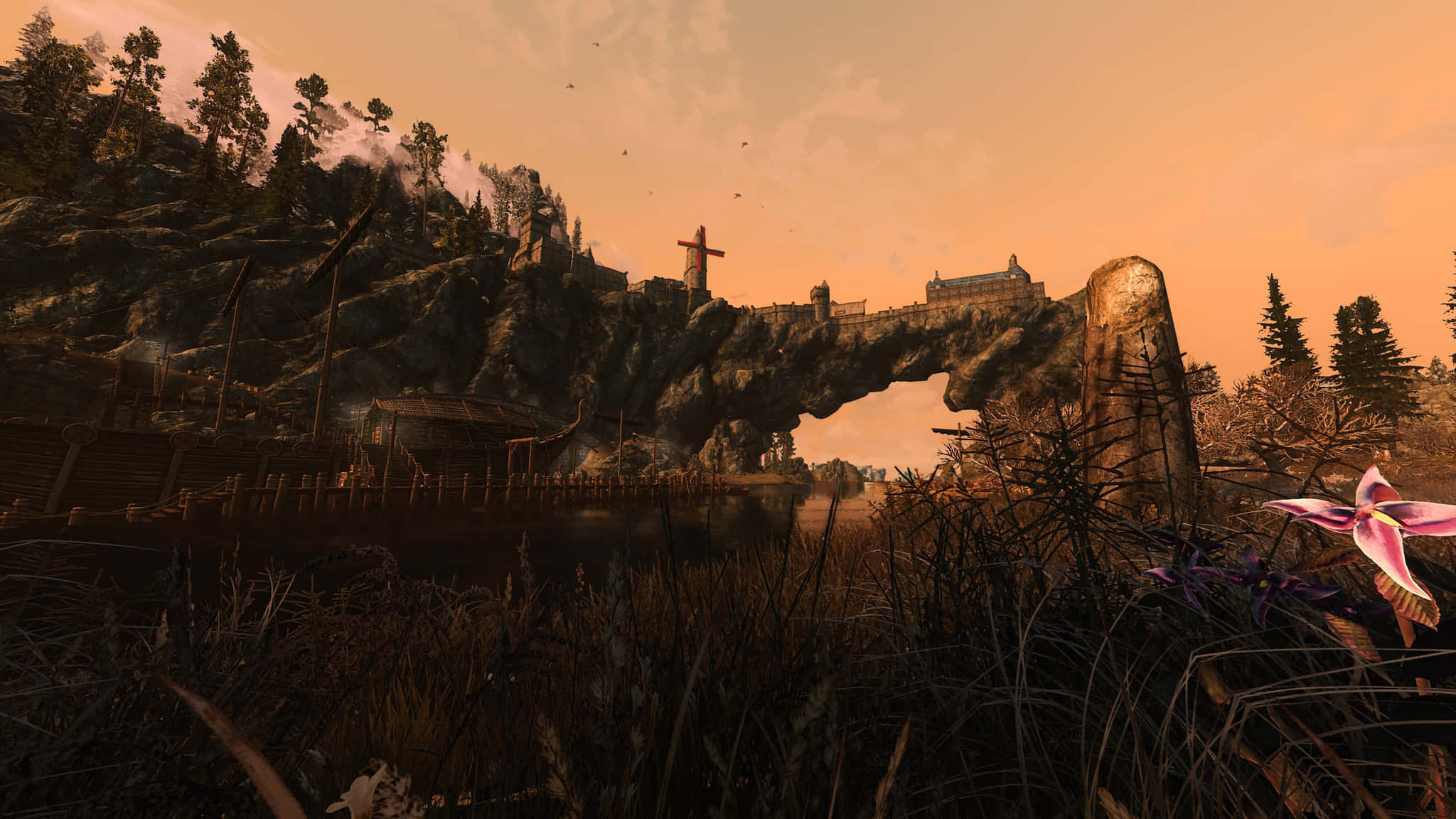 Solitude, Skyrim, rustic wooden bridge, Full HD Desktop Wallpaper