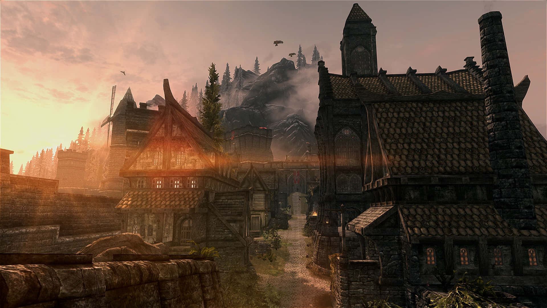 Solitude, Skyrim, sunset, Full HD Desktop Wallpaper
