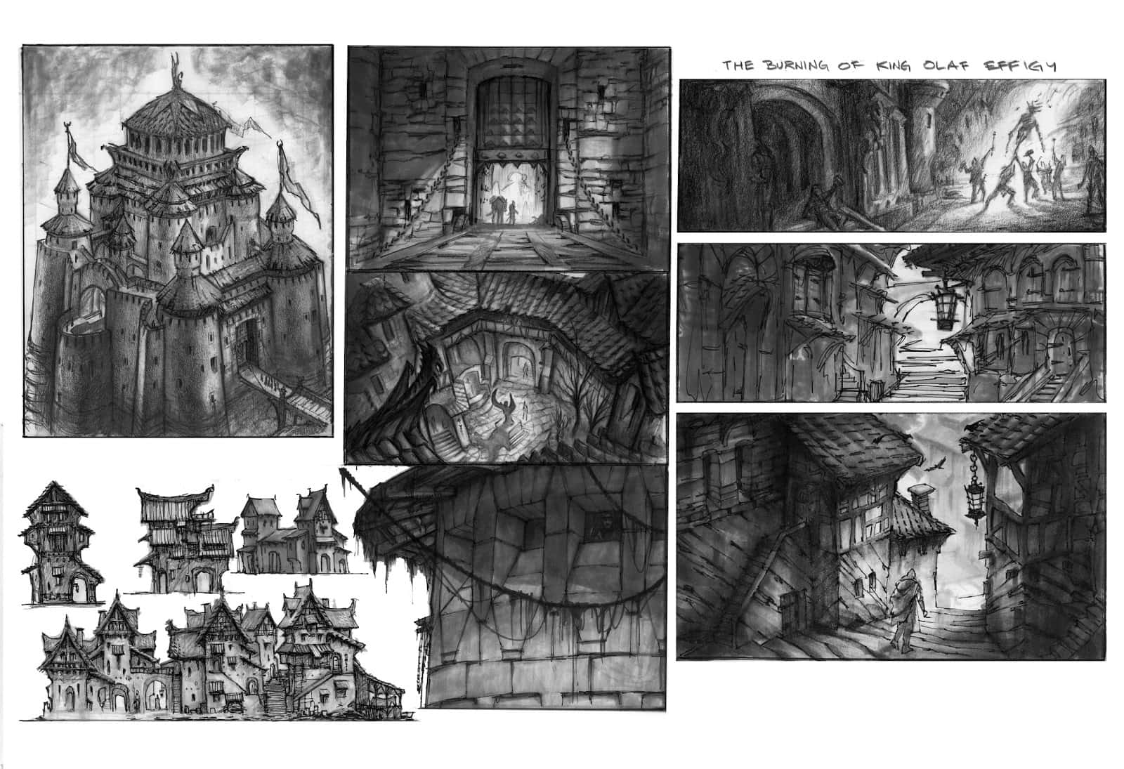 Skyrim Solitude, black and white concept sketches, medieval fantasy castle, HD Desktop Wallpaper