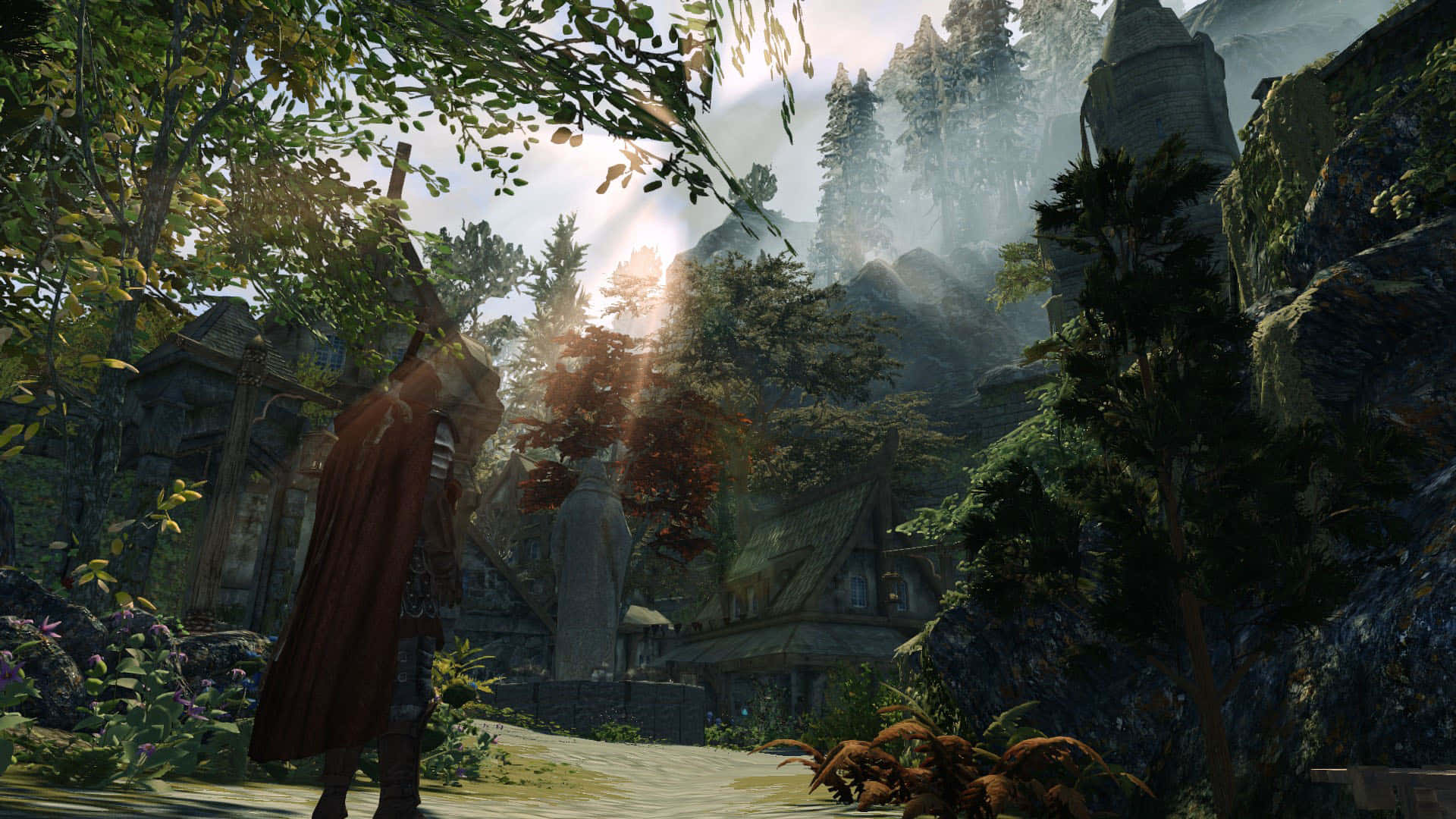 Skyrim Solitude, cloaked figure, sunlit forest clearing, Full HD Desktop Wallpaper