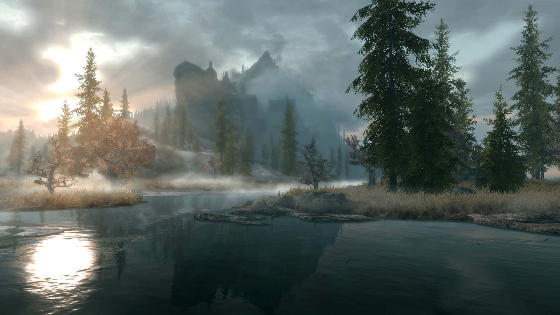 Skyrim, Solitude, misty river, Full HD Desktop Wallpaper