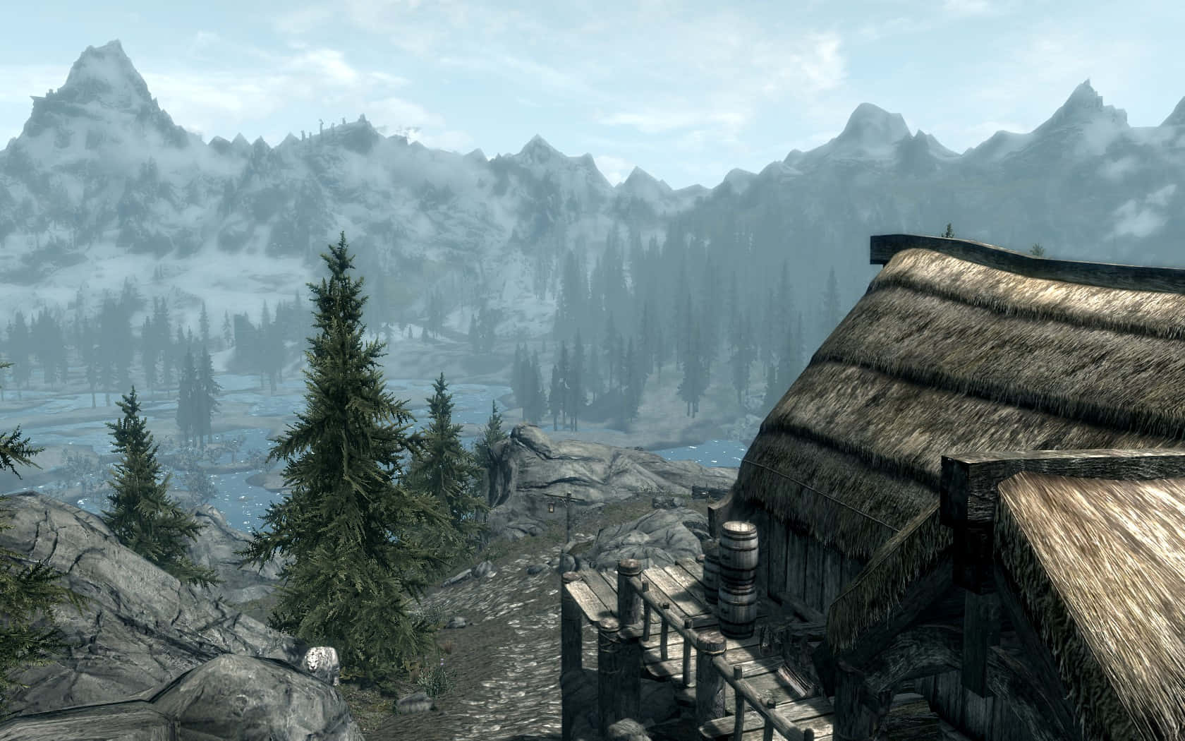 Solitude, Skyrim, rustic thatched-roof cabin, HD Desktop Wallpaper