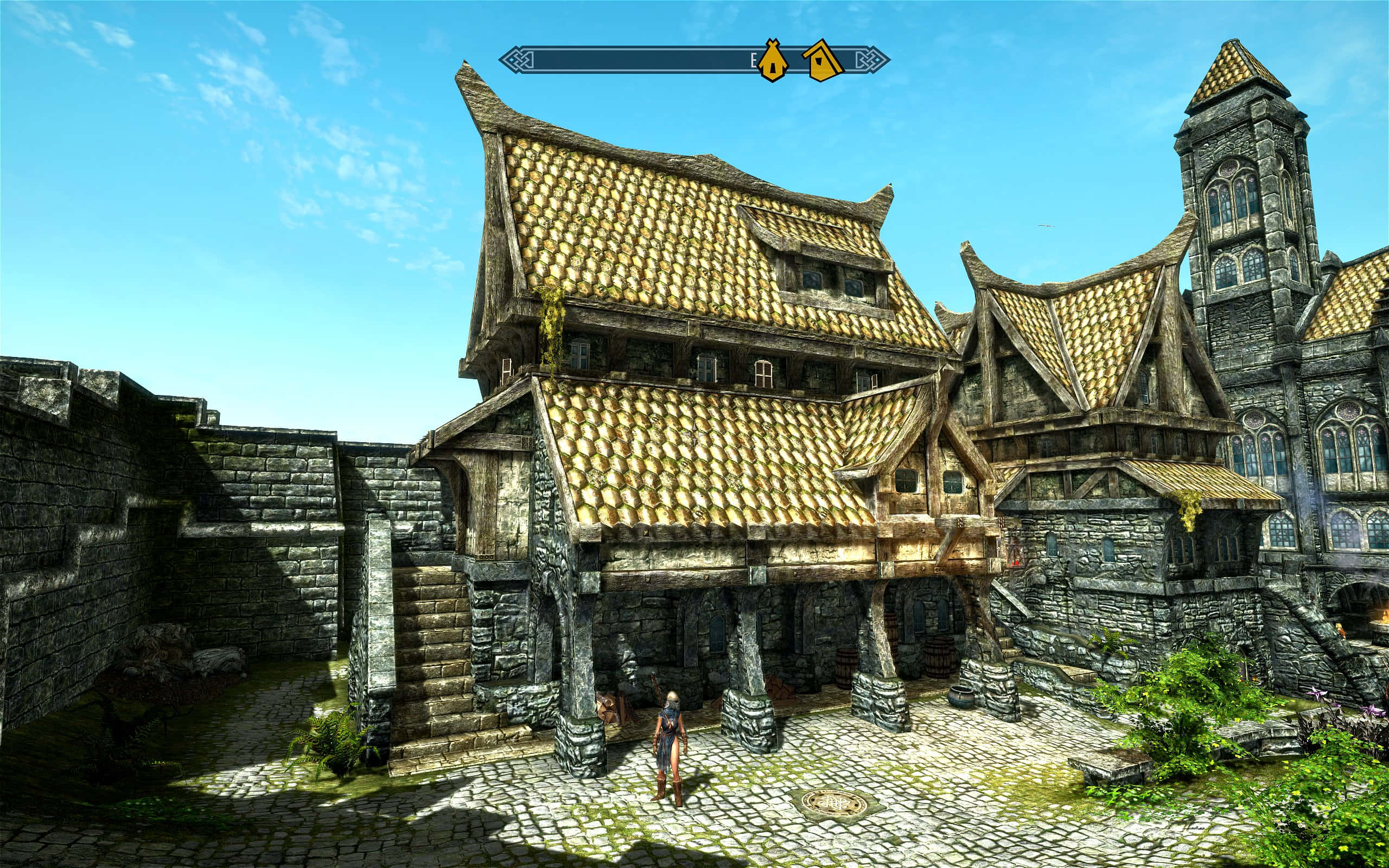 Skyrim Solitude, Solitude, golden tiled roofs, 2K Desktop Wallpaper