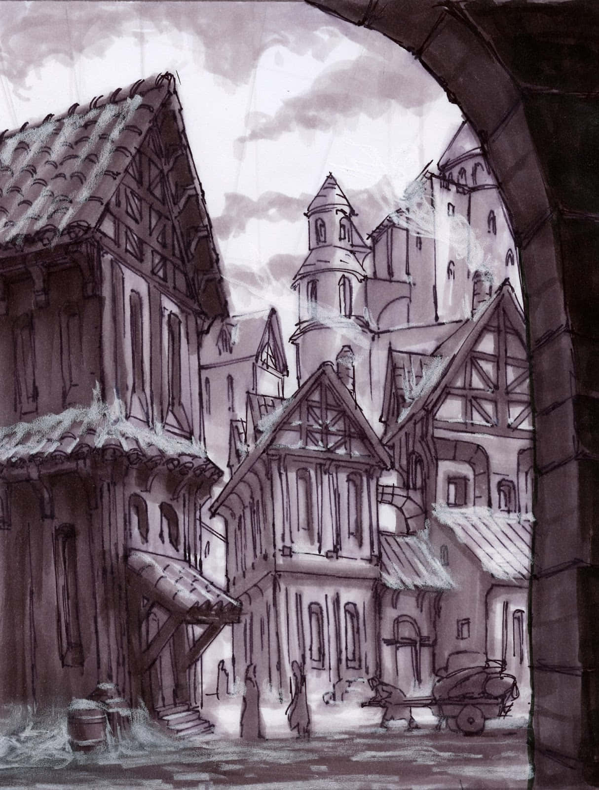 Solitude, Skyrim, monochrome ink drawing, HD Phone Wallpaper