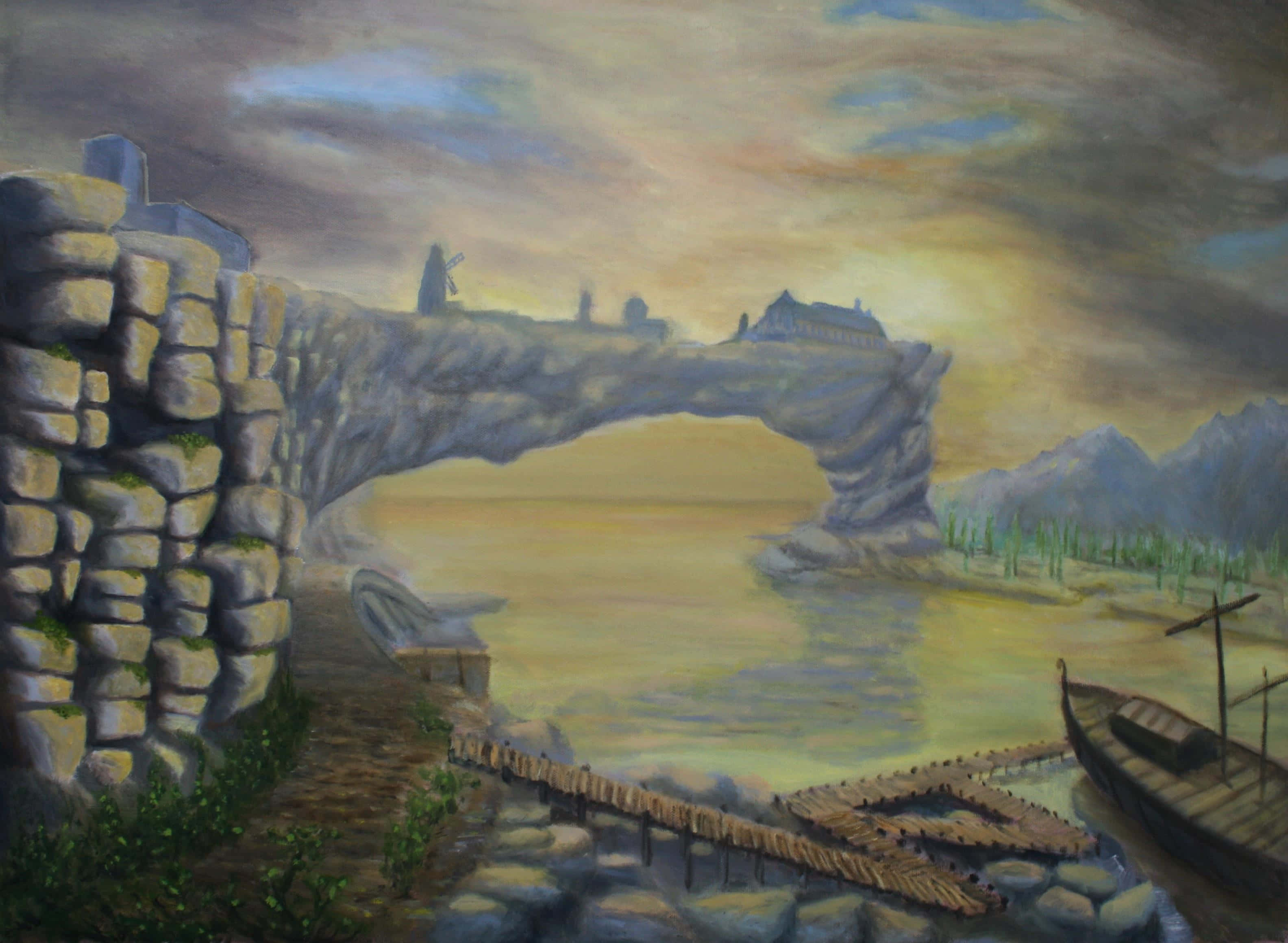 Skyrim Solitude, stone arch bridge, calm river, 2K Desktop Wallpaper