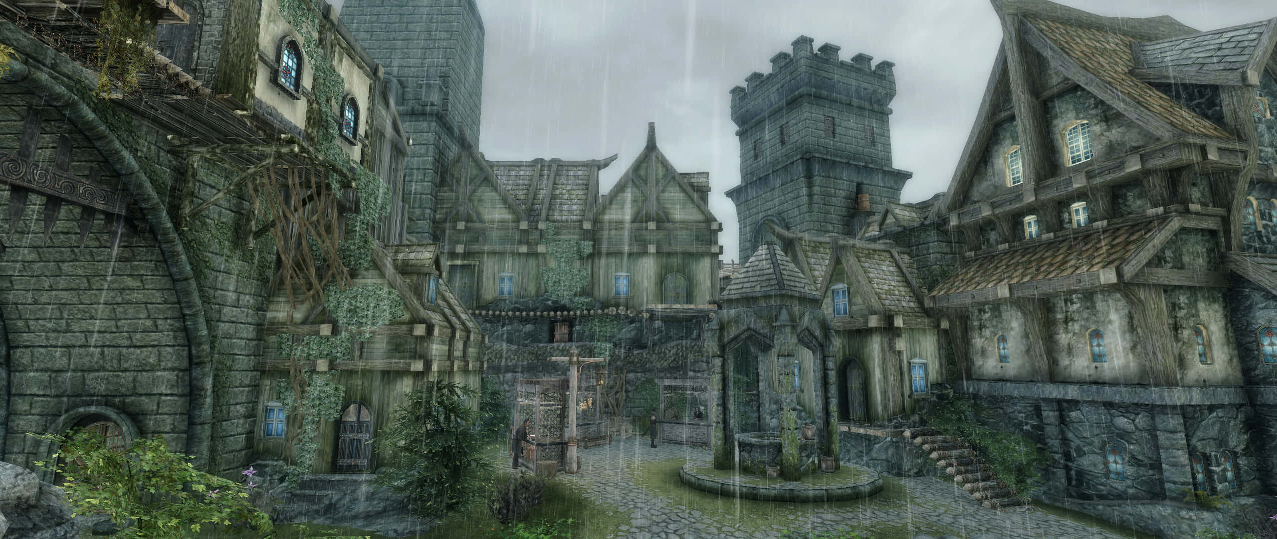 Skyrim Solitude, Solitude, mossy medieval village, 2K Desktop Wallpaper