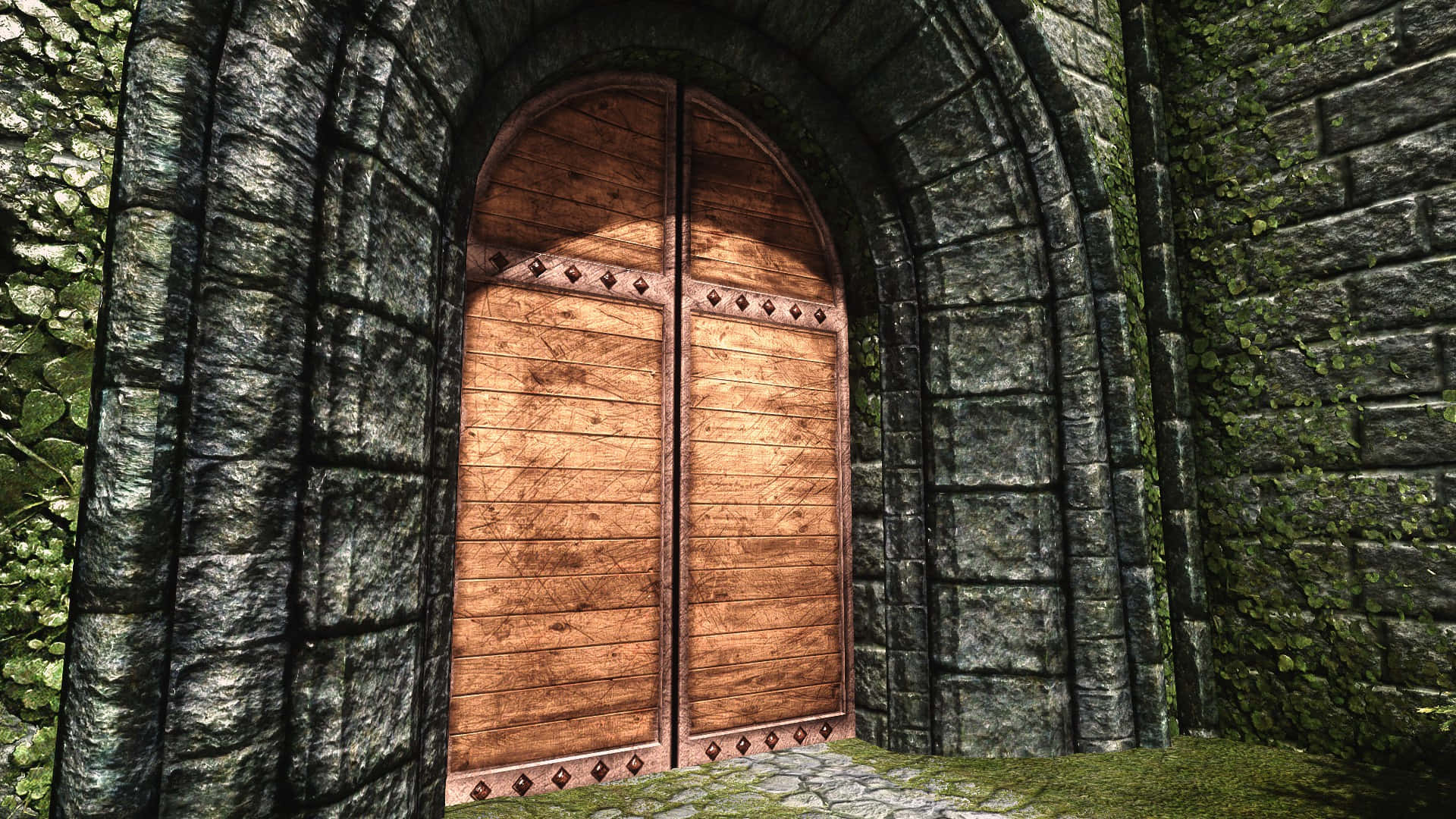 Skyrim Solitude, Solitude, ancient wooden double doors, Full HD Desktop Wallpaper