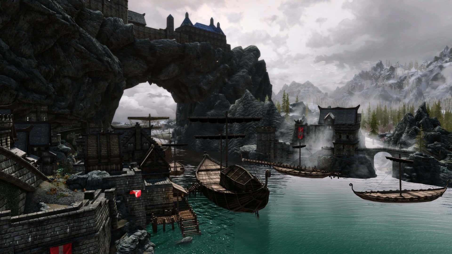 Skyrim Solitude, 1920 x 1080, misty medieval harbor, Full HD Desktop Wallpaper