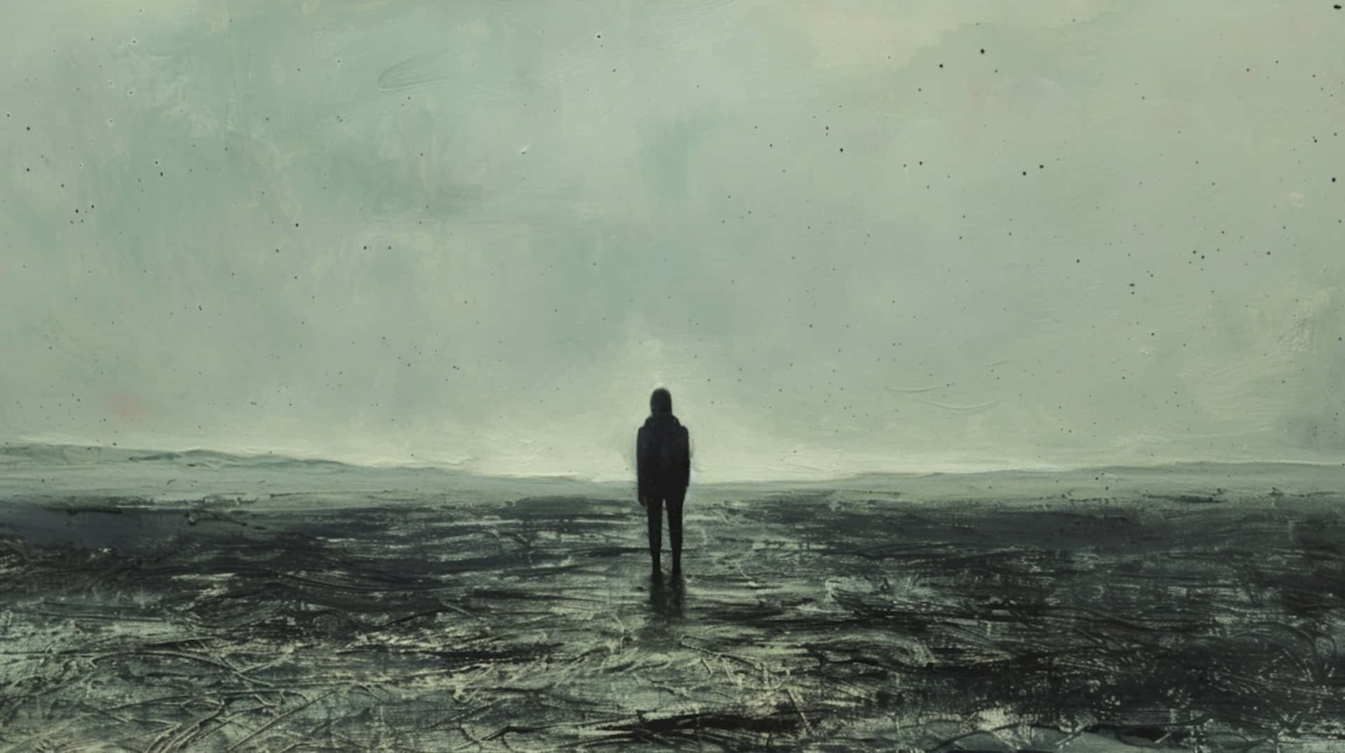 Solitary Figure, Desolate Landscape, Muted Gray Sky, Full HD Desktop Wallpaper