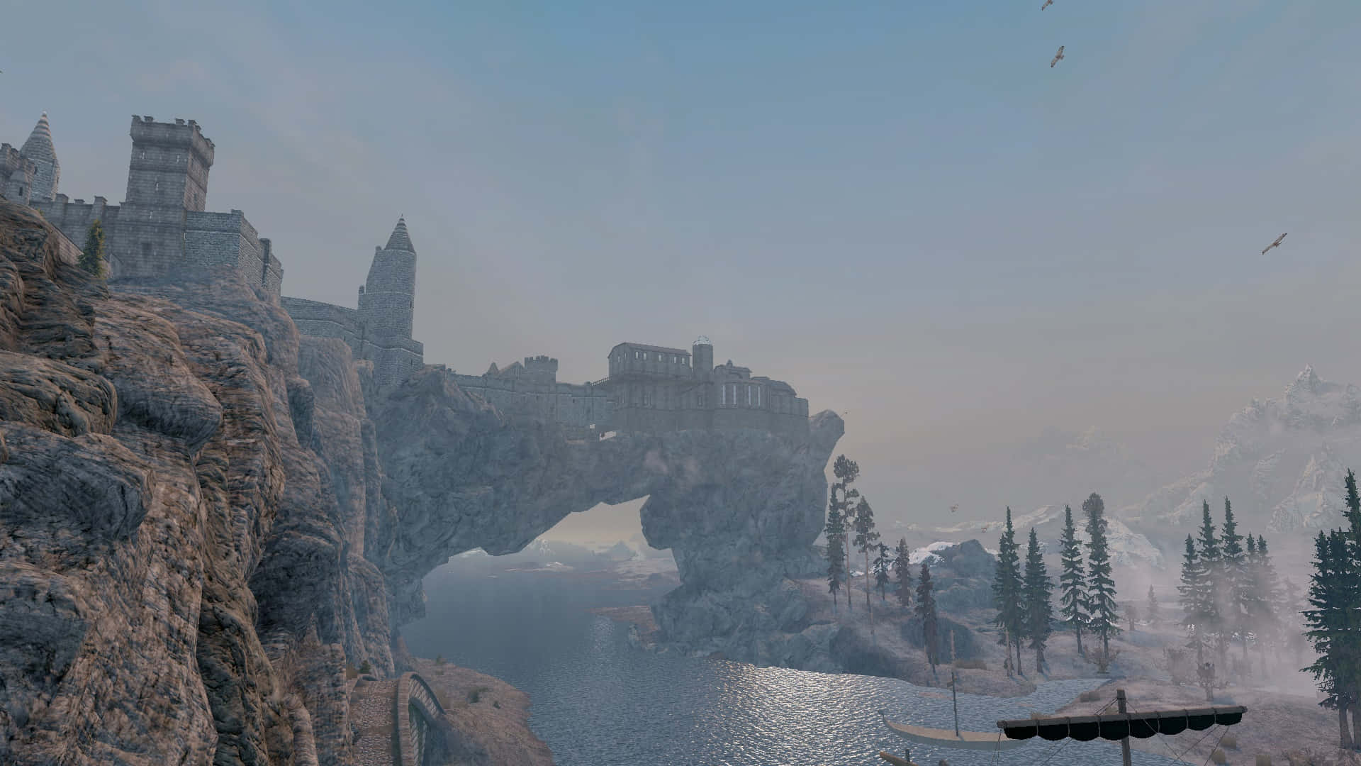 Skyrim Solitude, Ancient stone castle, cliff, Full HD Desktop Wallpaper