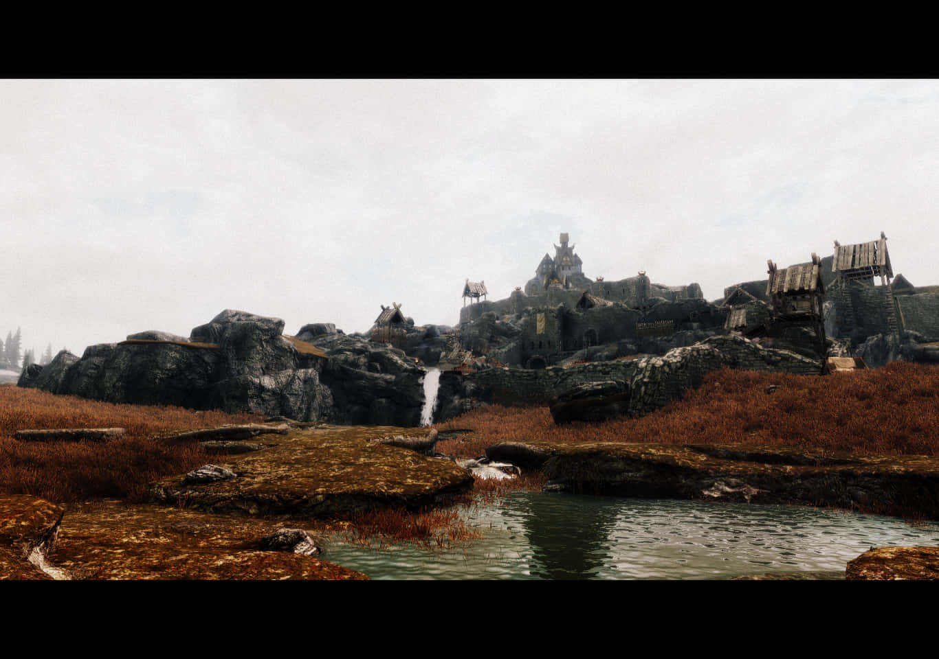Skyrim Whiterun, dusk, misty medieval village, HD Desktop Wallpaper