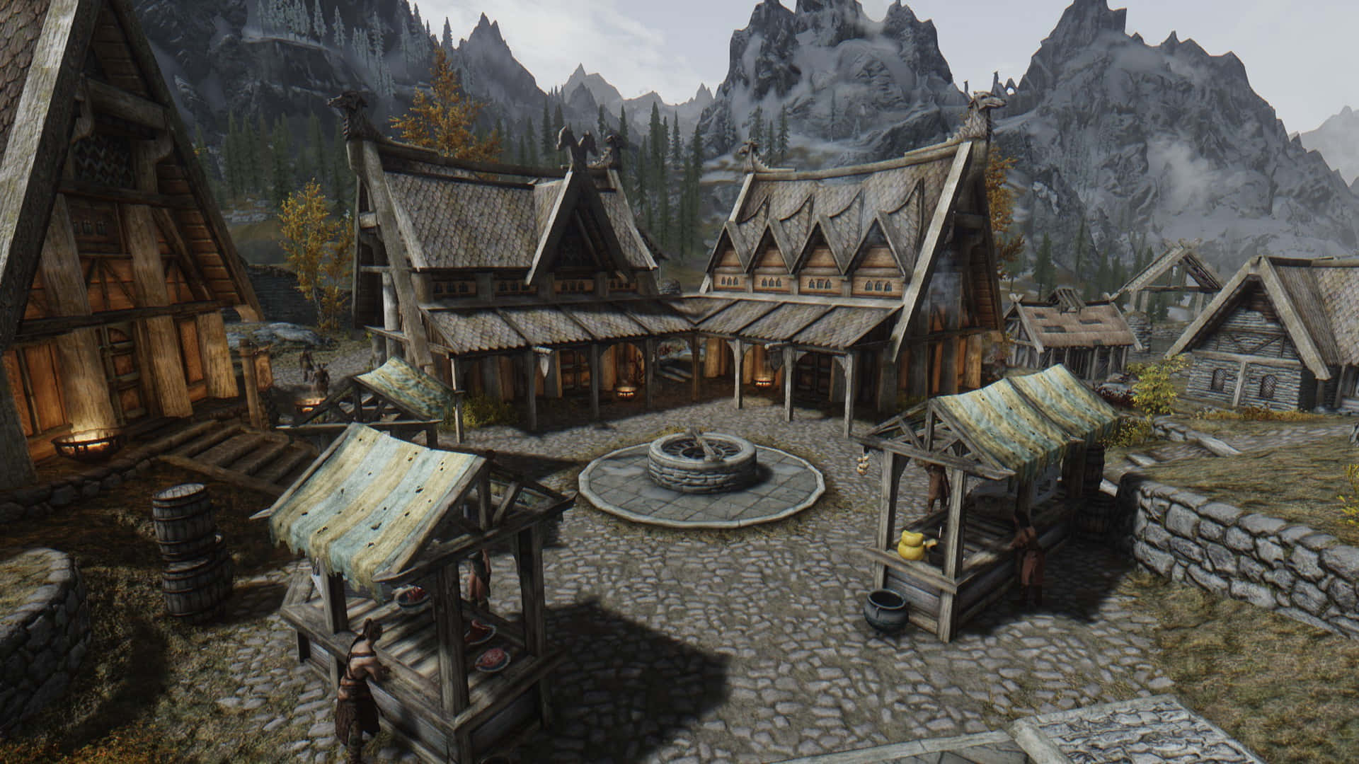 Skyrim, Whiterun, wooden buildings, Full HD Desktop Wallpaper
