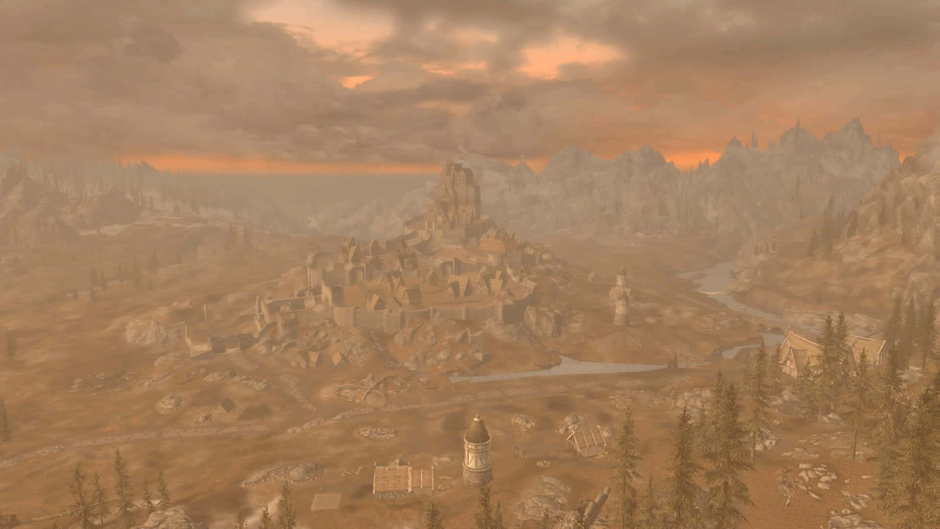 Whiterun, Skyrim, hazy orange sunset sky, Full HD Desktop Wallpaper