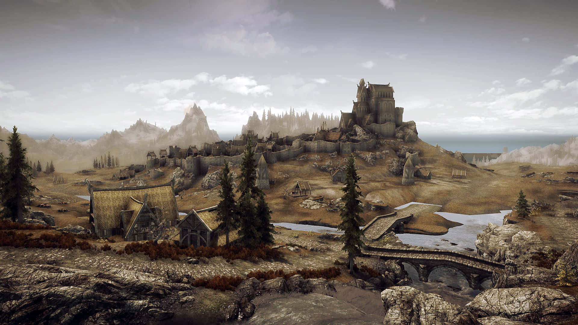 Skyrim Whiterun, stone cottages, castle perched on a hill, Full HD Desktop Wallpaper
