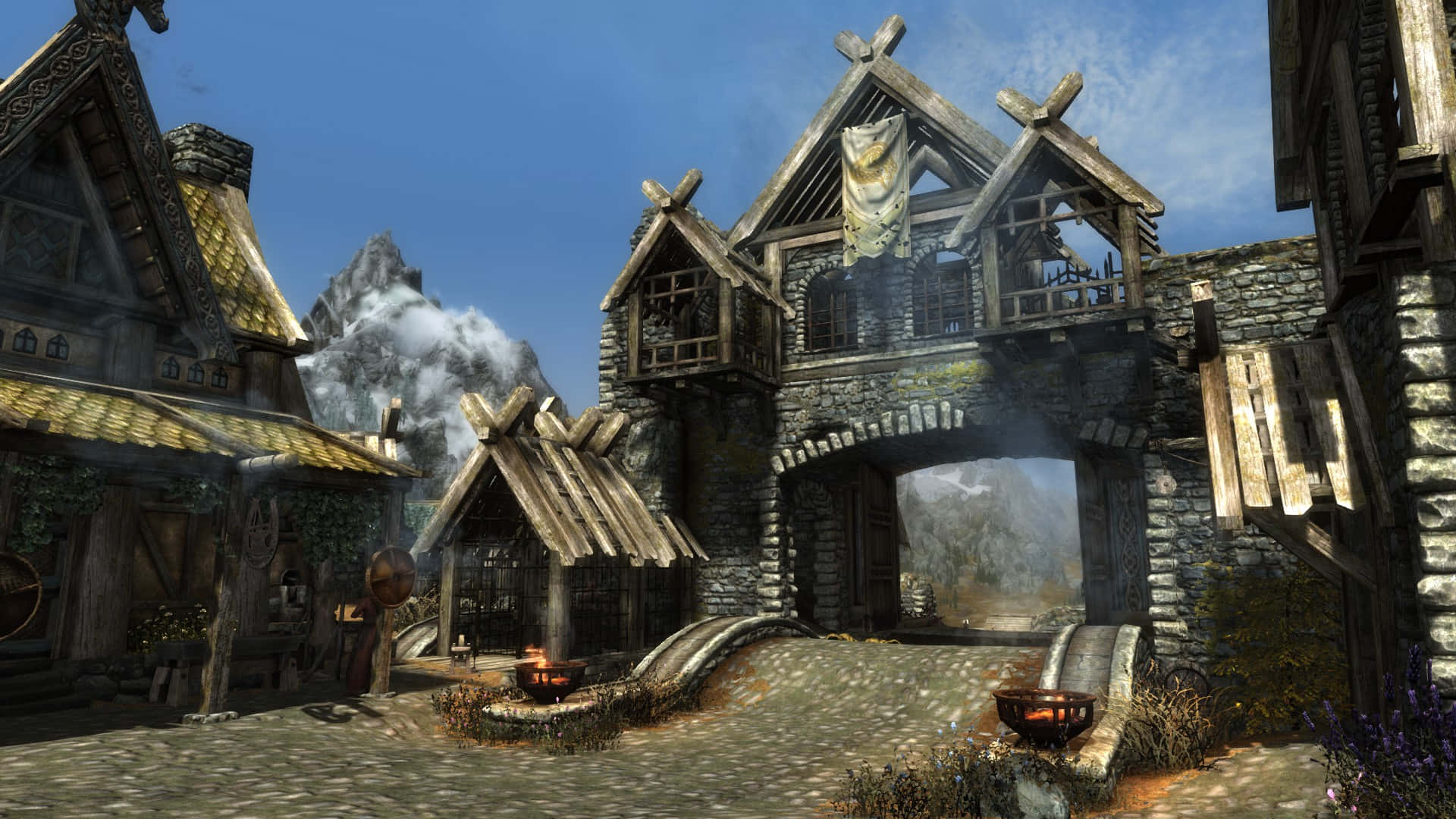 Whiterun, Skyrim, stone and timber buildings, Full HD Desktop Wallpaper