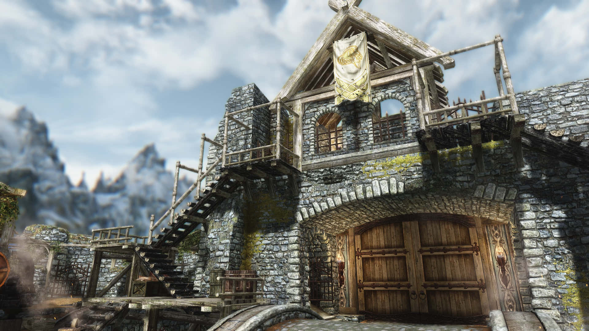 Skyrim, Whiterun, rustic stone and wood fortress, Full HD Desktop Wallpaper
