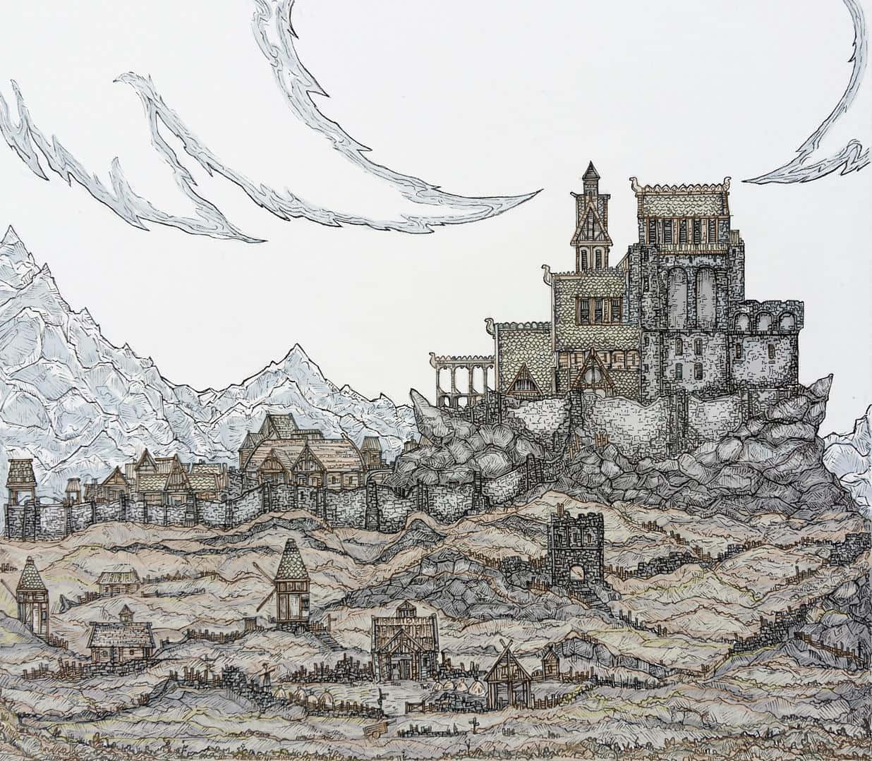 Skyrim Whiterun, medieval castle, rocky hill, SD Desktop Wallpaper