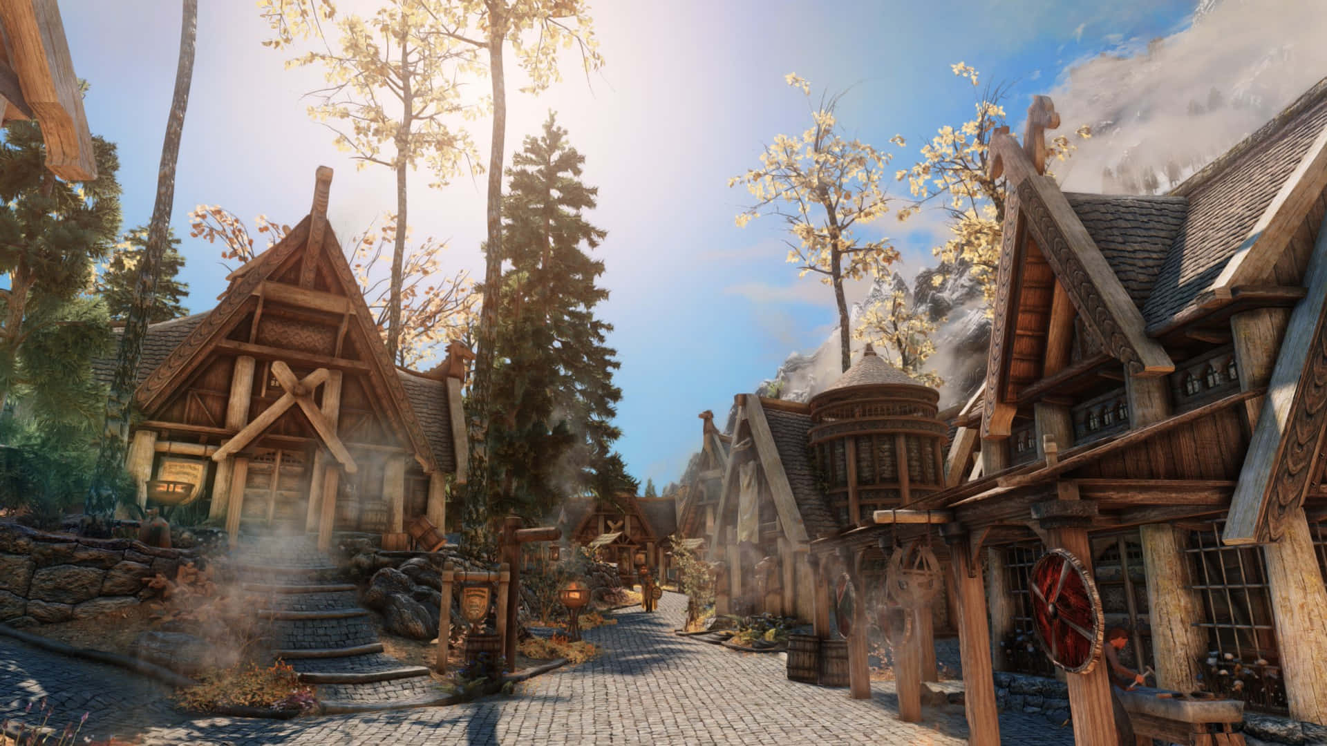 Skyrim Whiterun, Sunlight, rustic wooden village, Full HD Desktop Wallpaper