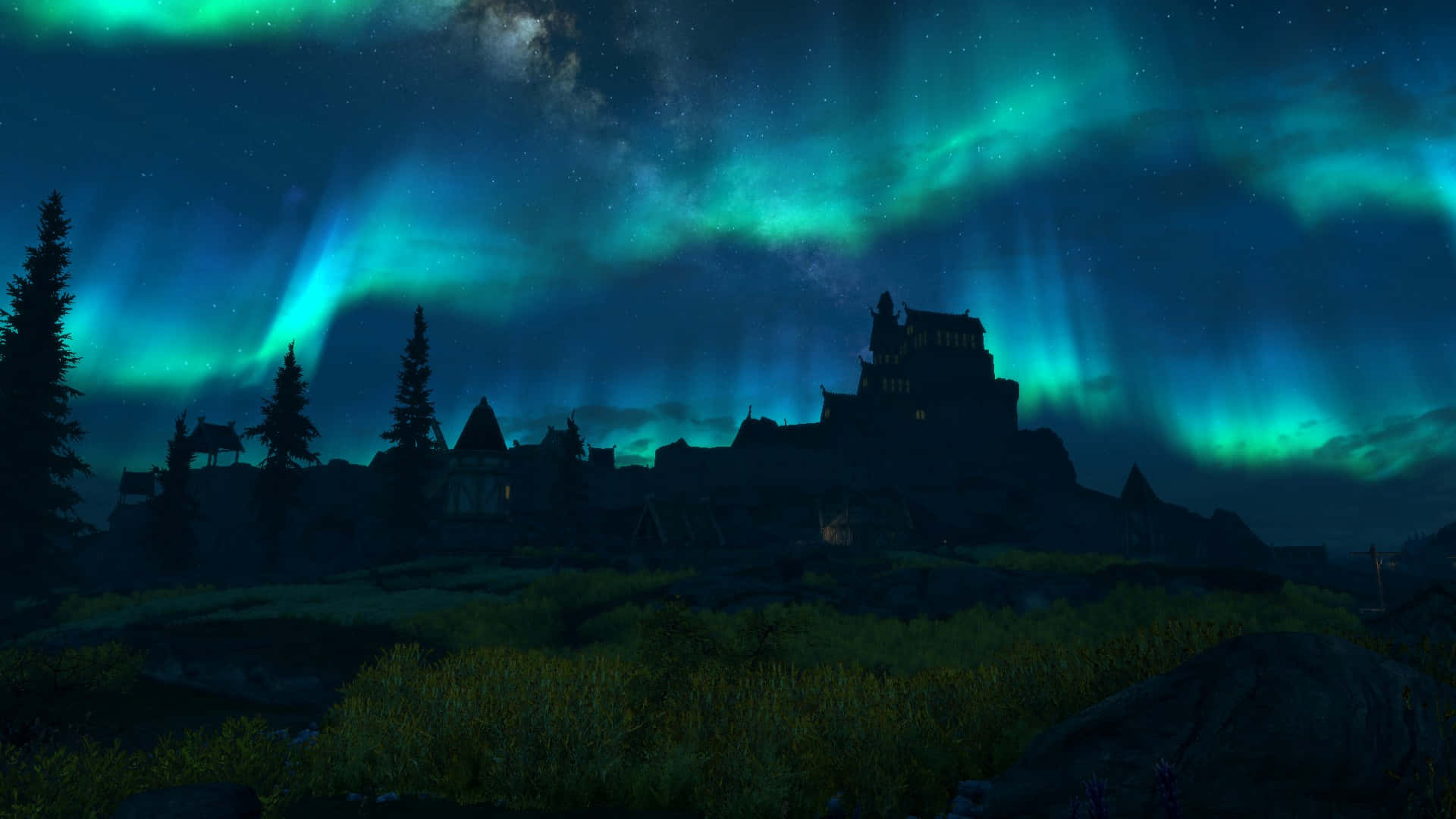 Whiterun, Skyrim, aurora borealis, Full HD Desktop Wallpaper
