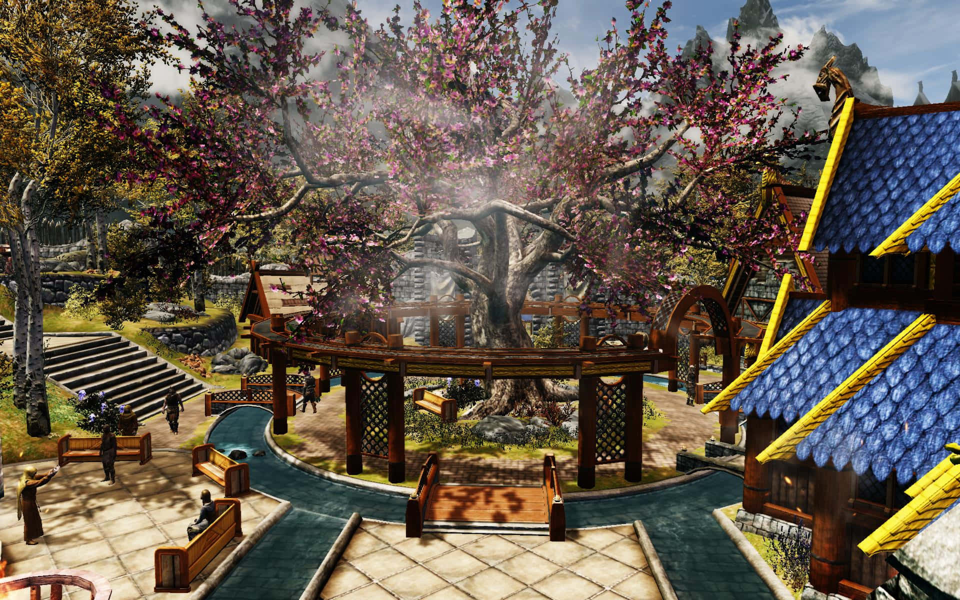 Whiterun, Skyrim, blossoming tree, Full HD Desktop Wallpaper