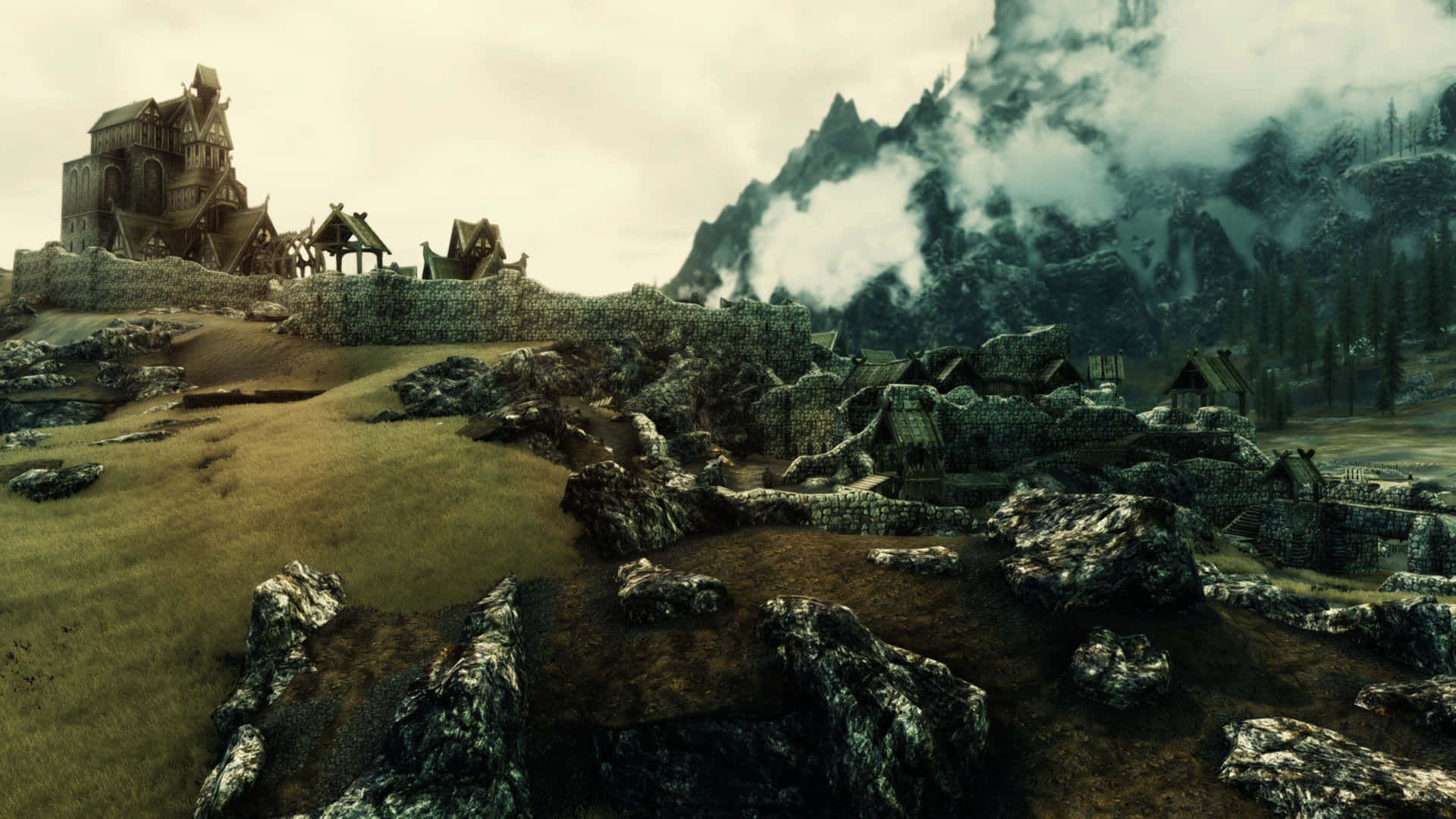 Skyrim Whiterun, Whiterun, stone cottages, Full HD Desktop Wallpaper