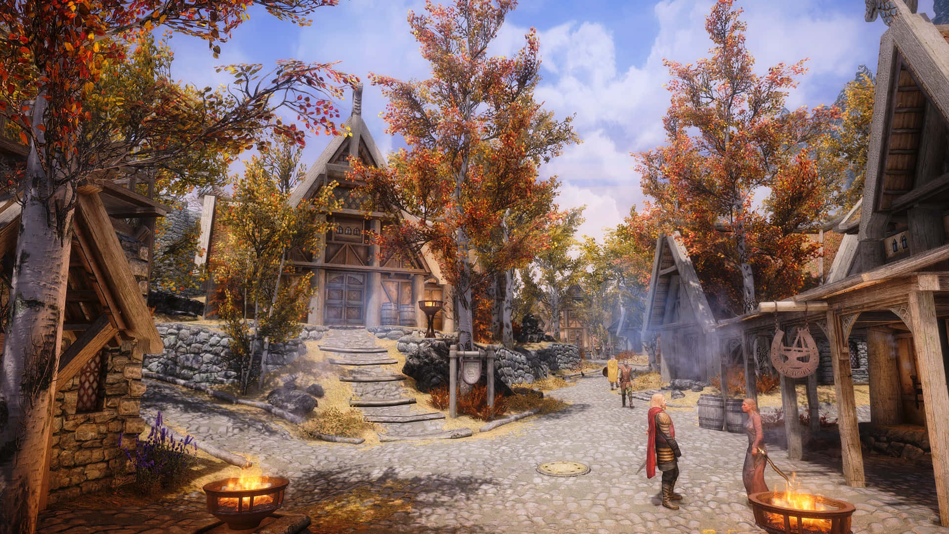 Whiterun, Skyrim, cobblestone village street, Full HD Desktop Wallpaper
