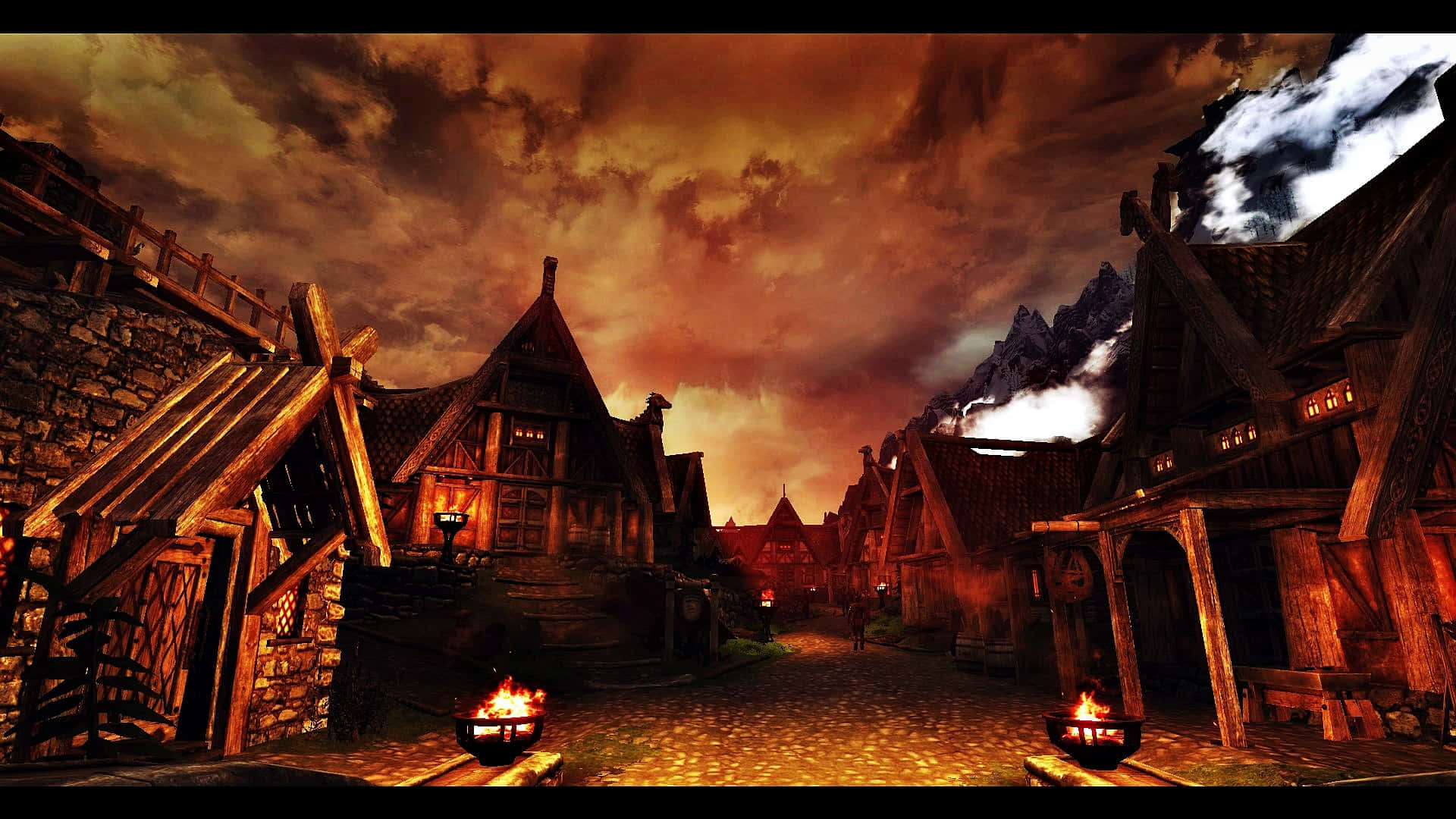 Skyrim Whiterun, medieval village street, dusk, Full HD Desktop Wallpaper