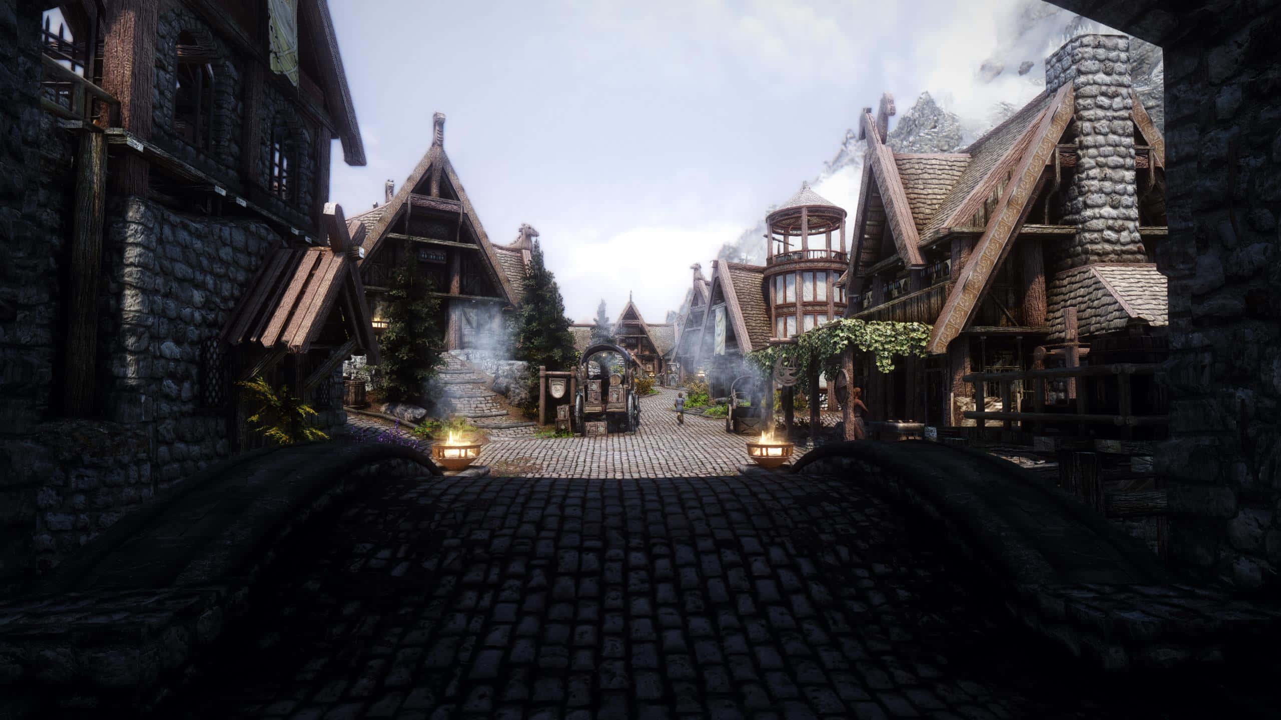 Skyrim, Whiterun, cobblestone bridge, 2K Desktop Wallpaper