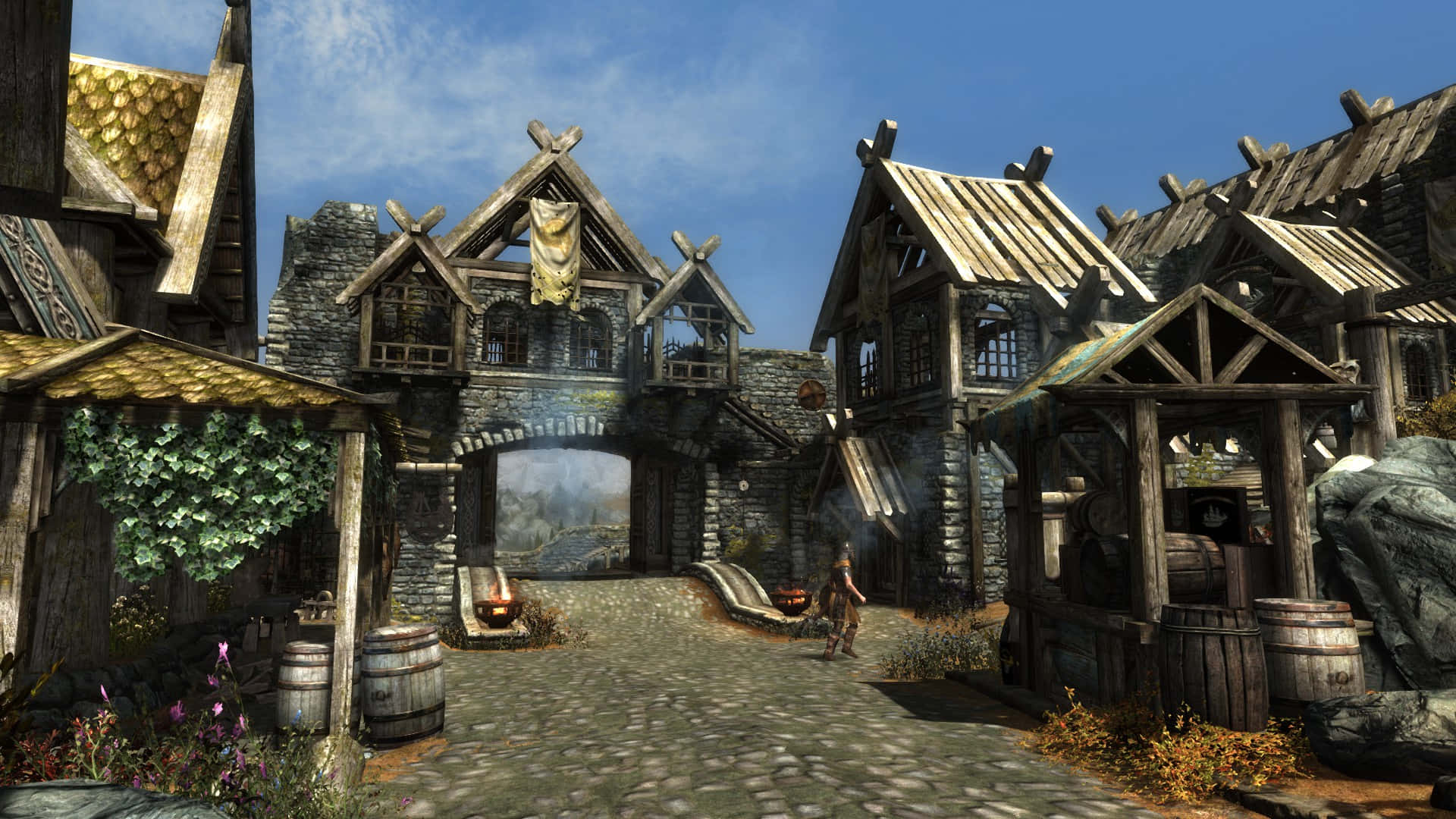 Skyrim, Whiterun, stone and timber buildings, Full HD Desktop Wallpaper