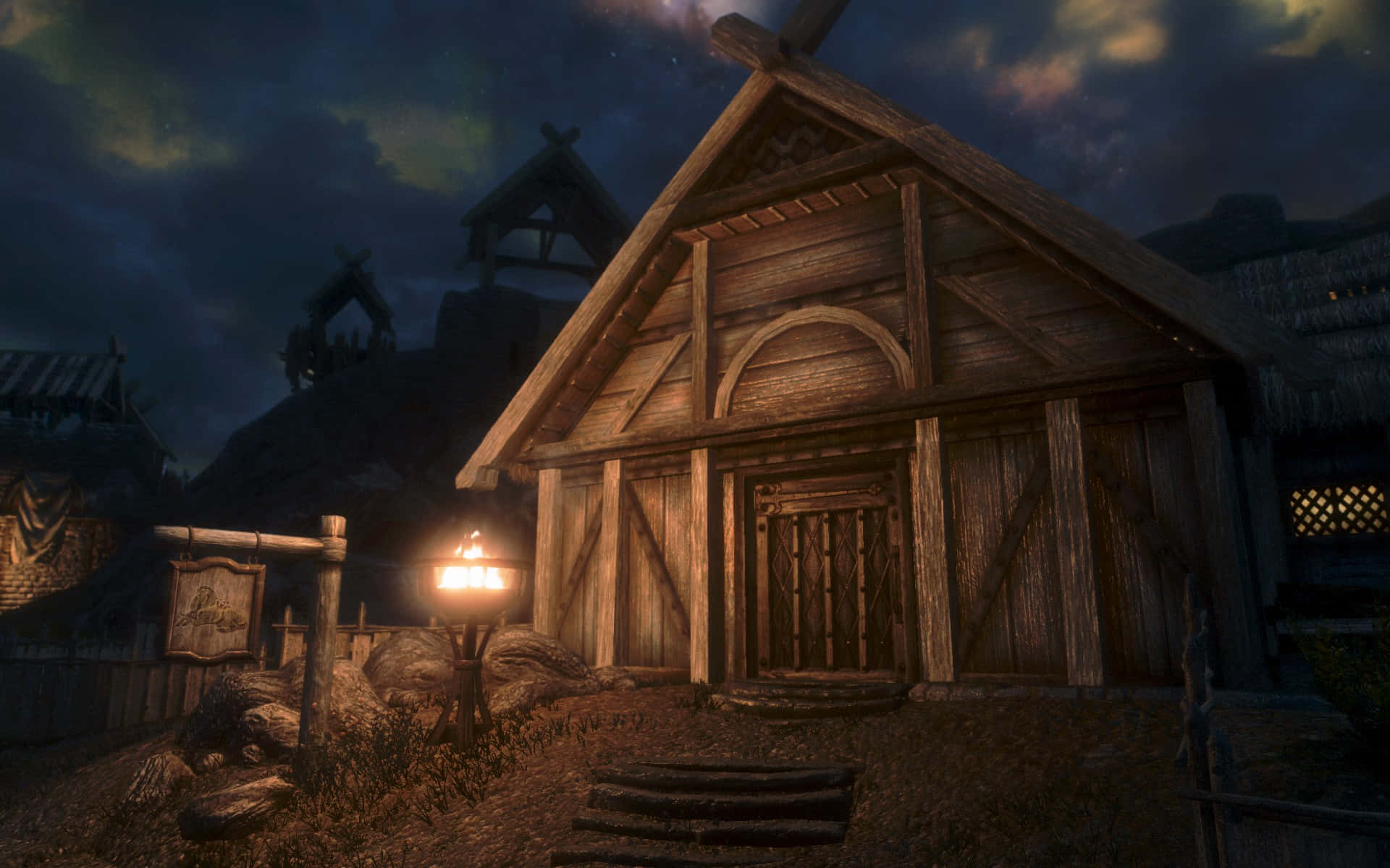 Skyrim Whiterun, rustic wooden cabin, starry twilight sky, Full HD Desktop Wallpaper