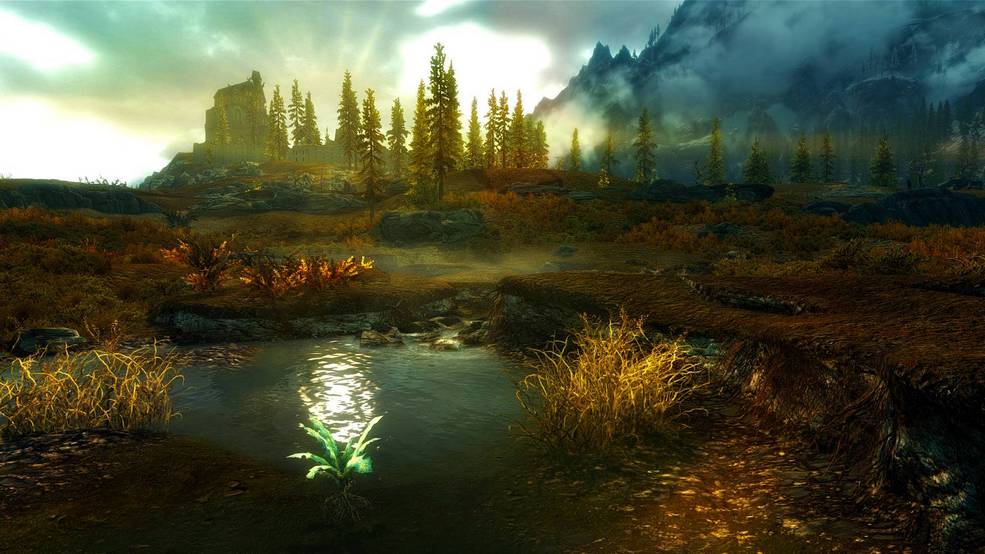Skyrim, misty mountain valley, glowing stream, Full HD Desktop Wallpaper