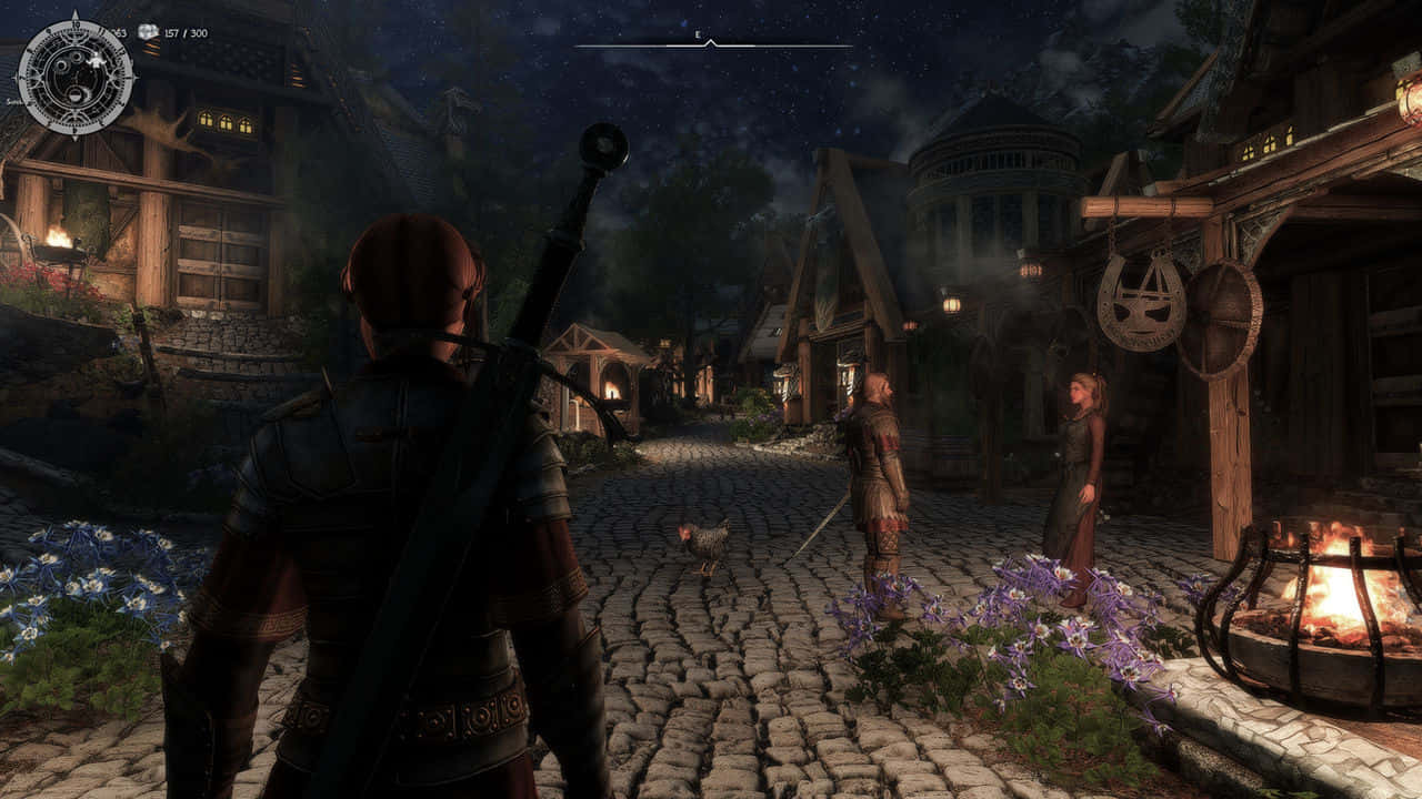 Skyrim S E, nighttime in Whiterun, cobblestone village street, HD Desktop Wallpaper