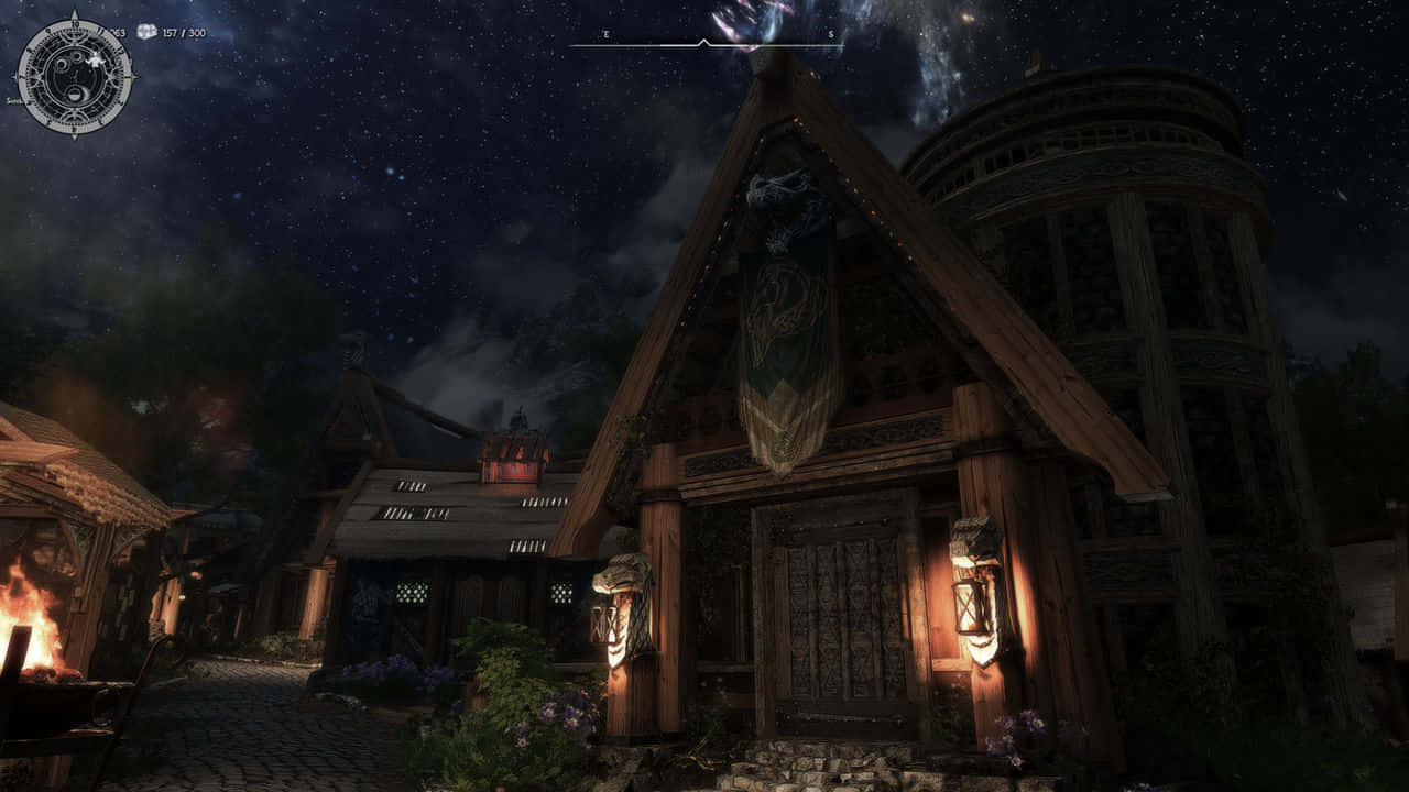 Skyrim S E, nighttime in Whiterun, starry night sky, HD Desktop Wallpaper