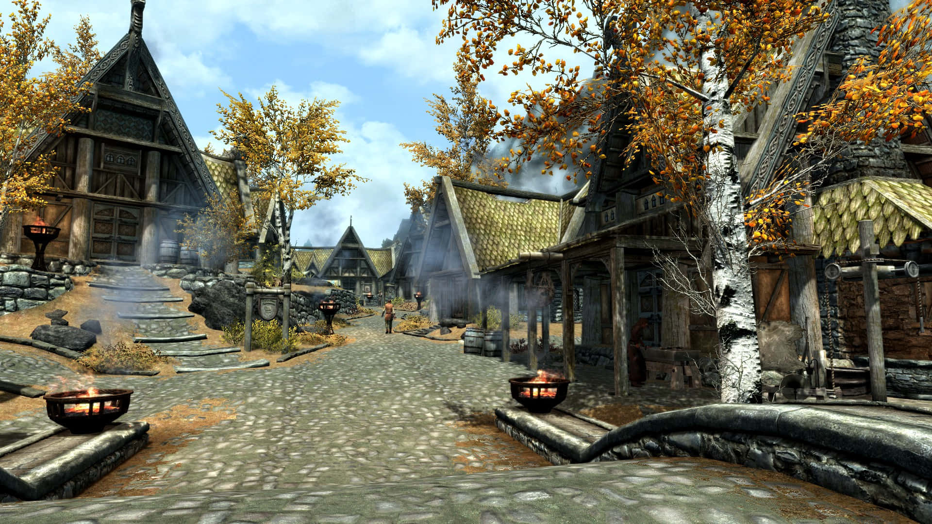 Whiterun, Skyrim, cobblestone village street, Full HD Desktop Wallpaper