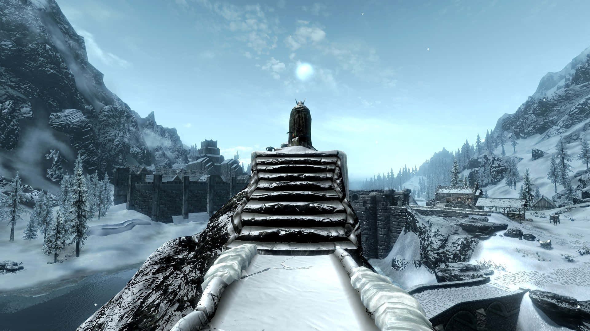 Skyrim, Windhelm, snow-covered stone bridge, Full HD Desktop Wallpaper