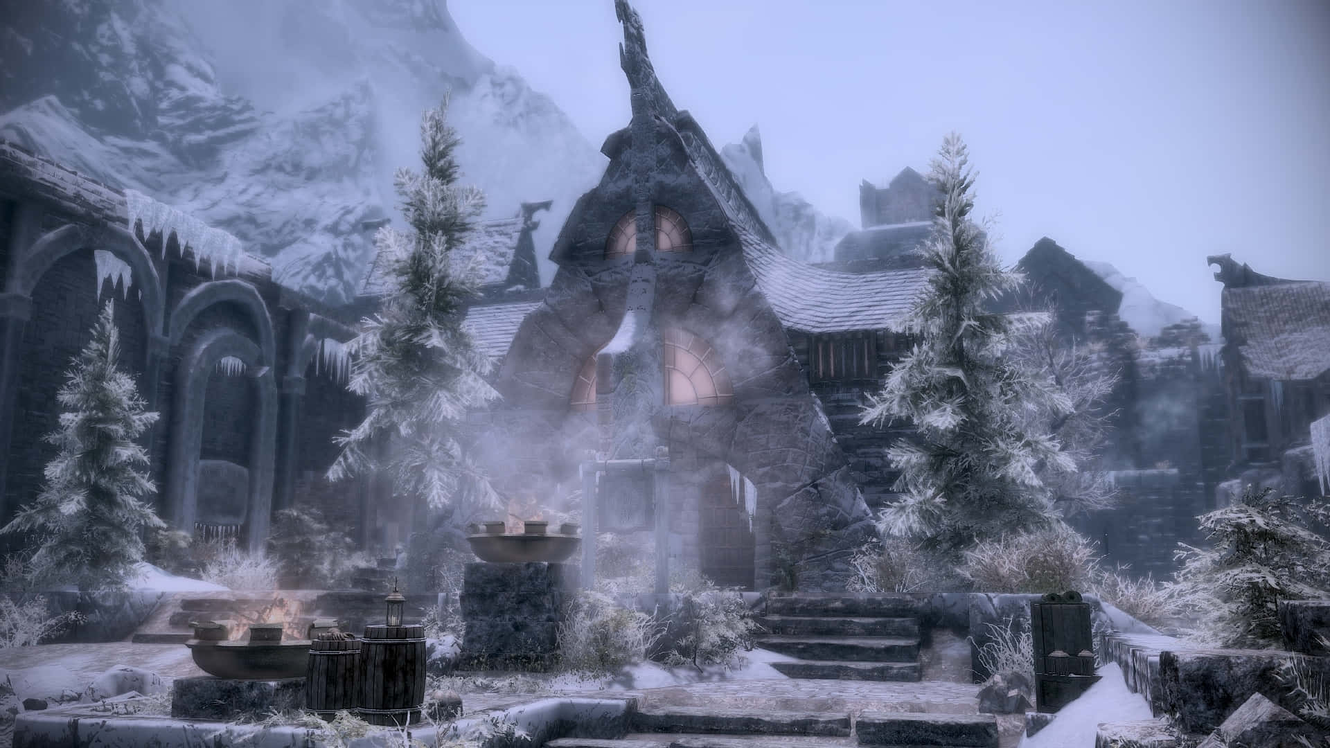 Skyrim, Windhelm, gothic stone house, Full HD Desktop Wallpaper